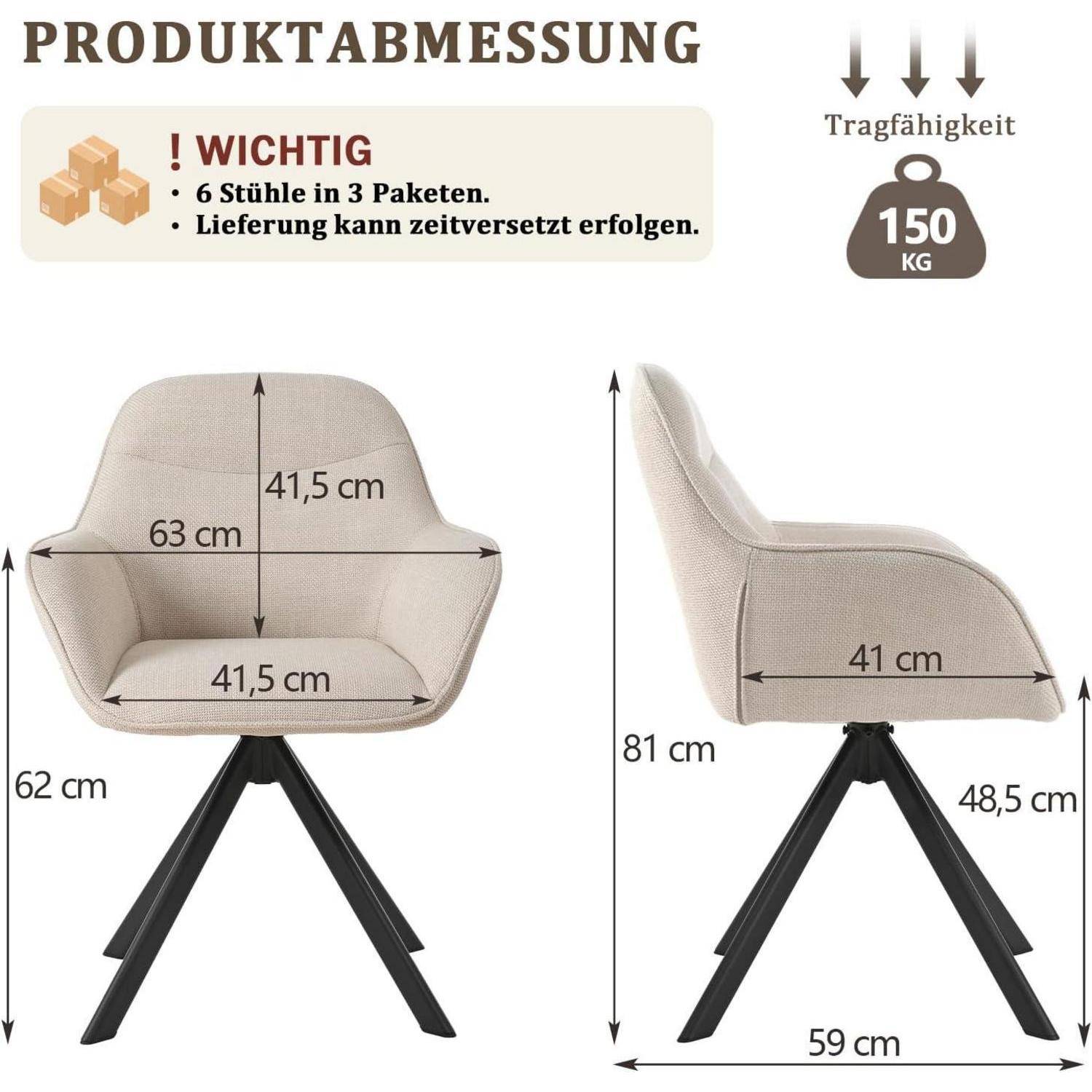 Drehbare Esszimmerstühle 6er Set mit Armlehne, 360° drehbar Beige, Polsterstuhl aus Leinen, Küchenstuhl Armlehnstühle mit Metallbeine und Rückenl