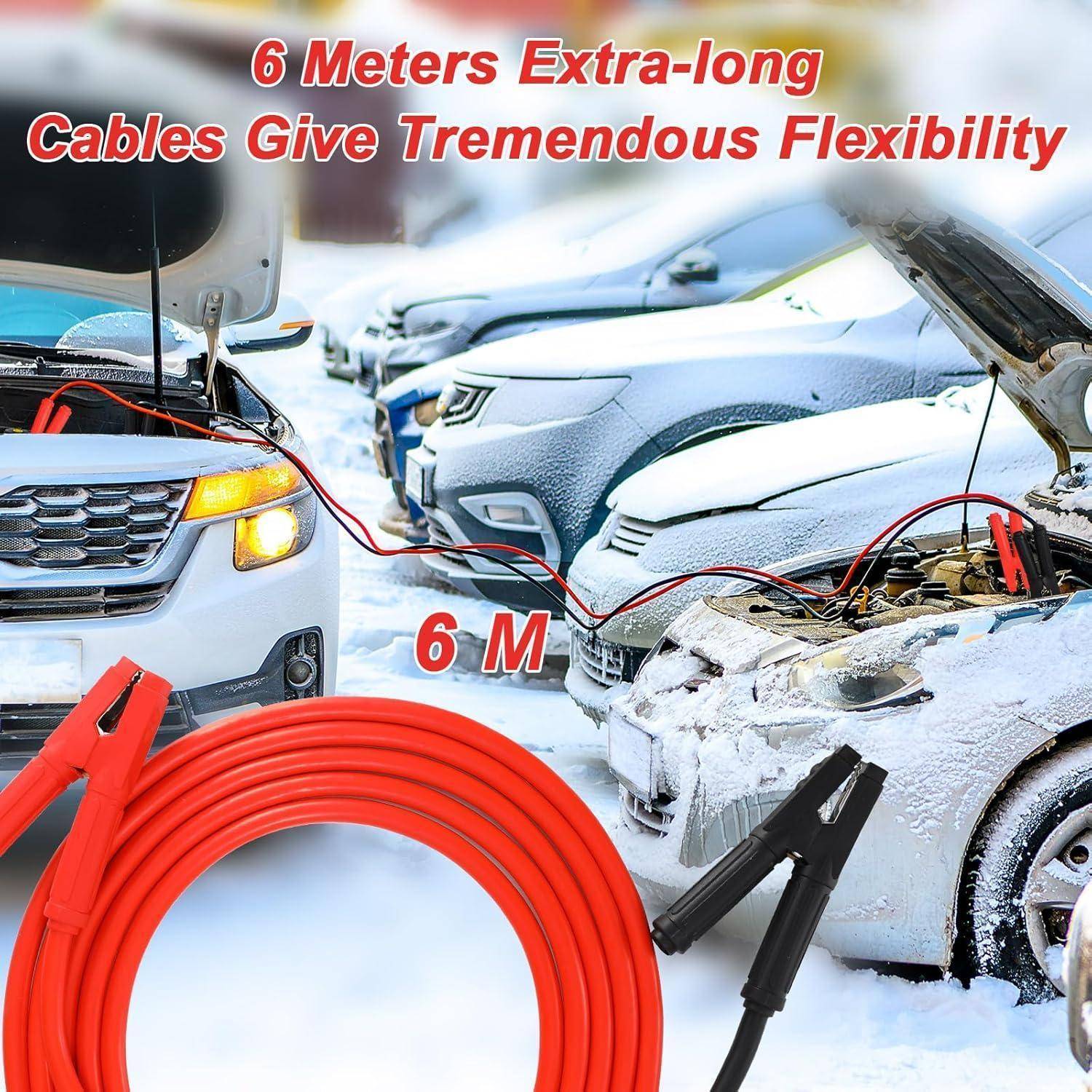 Winterliche Pannenhilfe-Szenerie mit zwei Autos, die durch lange rote Starthilfekabel verbunden sind, mit Text, der bewirbt: „6 Meter Extra-lange Kabel bieten enorme Flexibilität