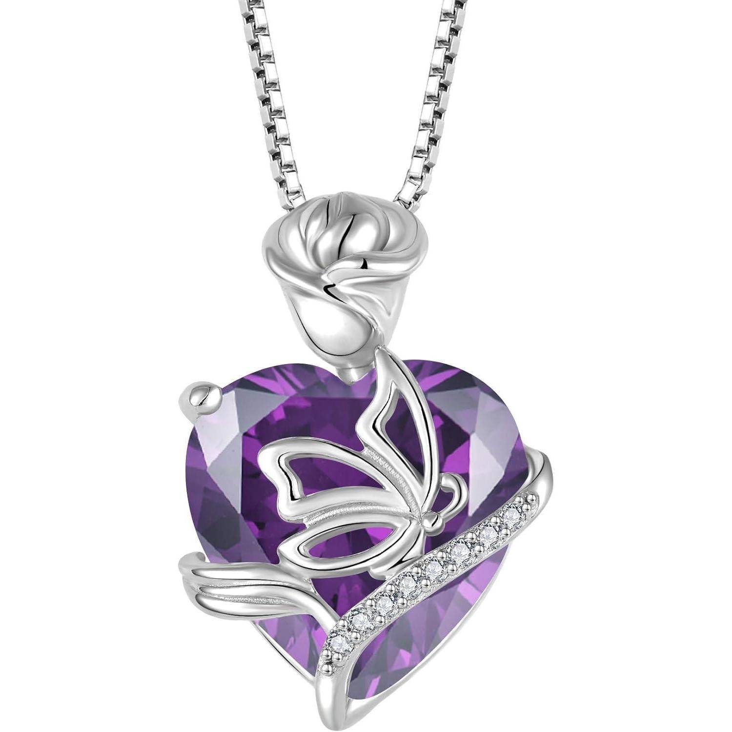 FJ Herz Geburtsstein Kette Damen 925 Sterling Silber Schmetterling Kette Anhänger Rose Blume Halskette Schmuck Geschenke für Frauen Mutter Freundin
