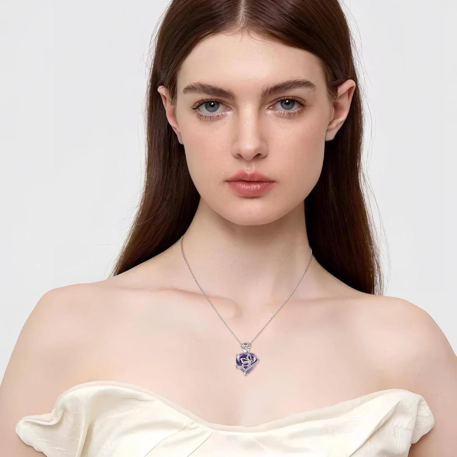 FJ Herz Geburtsstein Kette Damen 925 Sterling Silber Schmetterling Kette Anhänger Rose Blume Halskette Schmuck Geschenke für Frauen Mutter Freundin