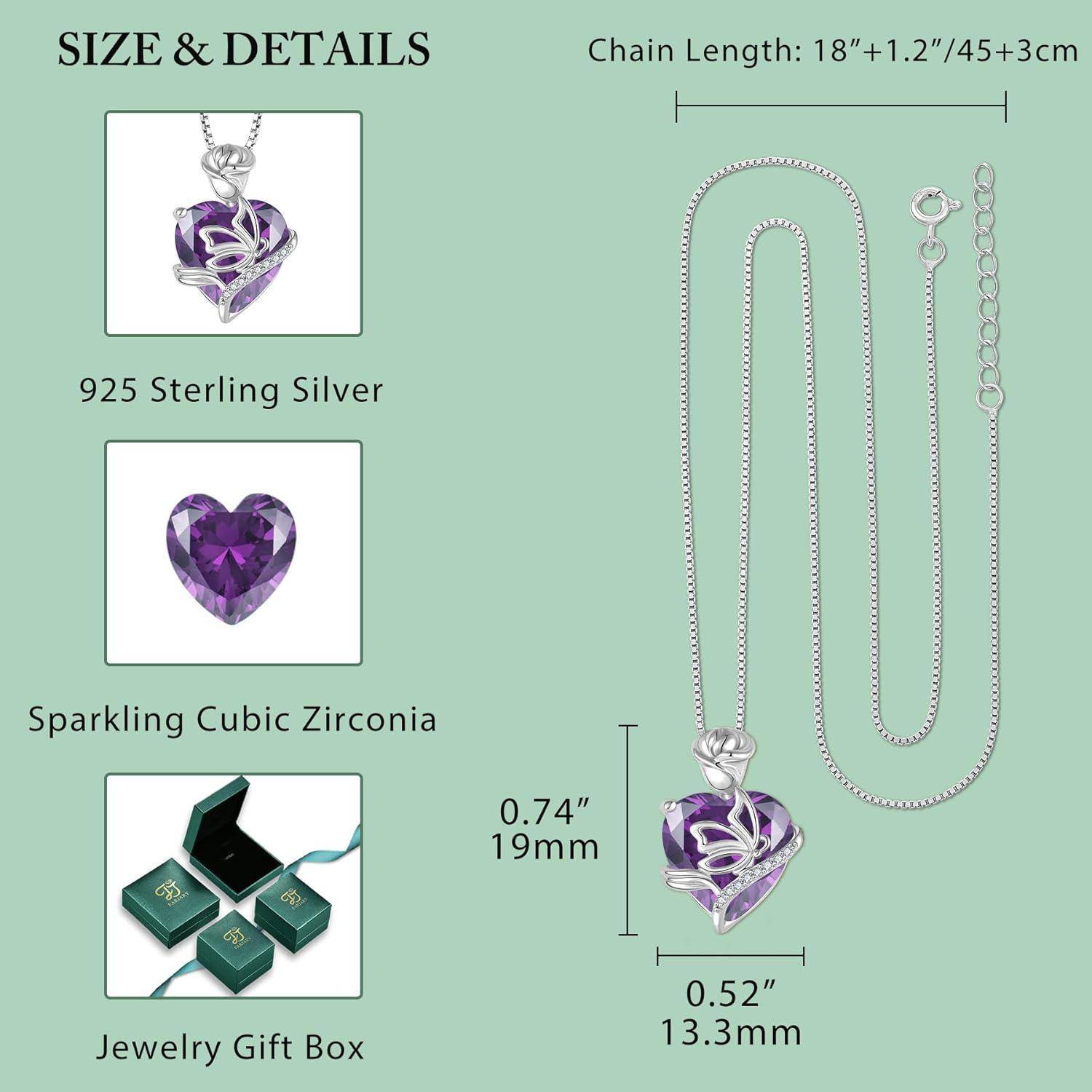 FJ Herz Geburtsstein Kette Damen 925 Sterling Silber Schmetterling Kette Anhänger Rose Blume Halskette Schmuck Geschenke für Frauen Mutter Freundin