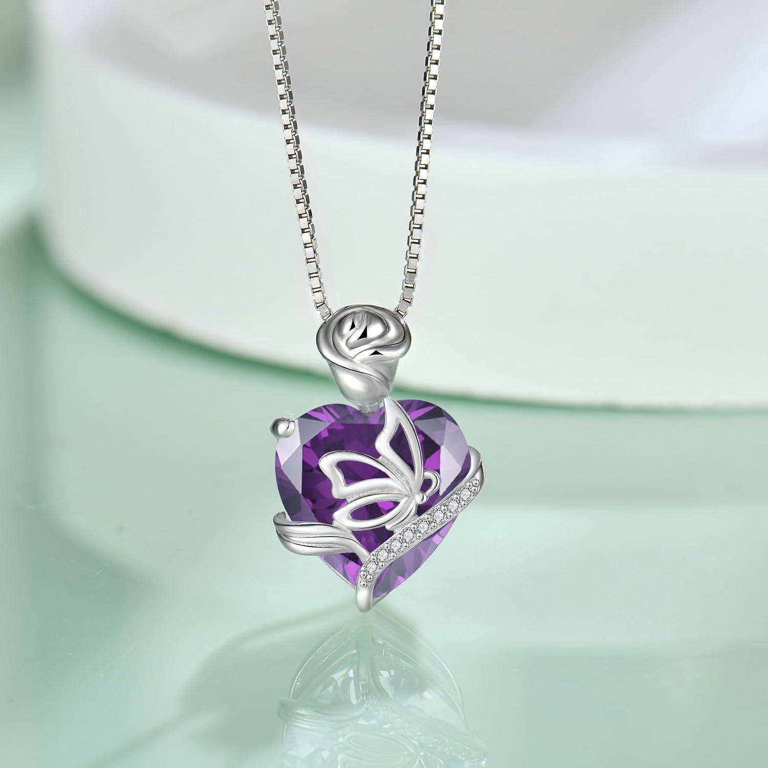 FJ Herz Geburtsstein Kette Damen 925 Sterling Silber Schmetterling Kette Anhänger Rose Blume Halskette Schmuck Geschenke für Frauen Mutter Freundin