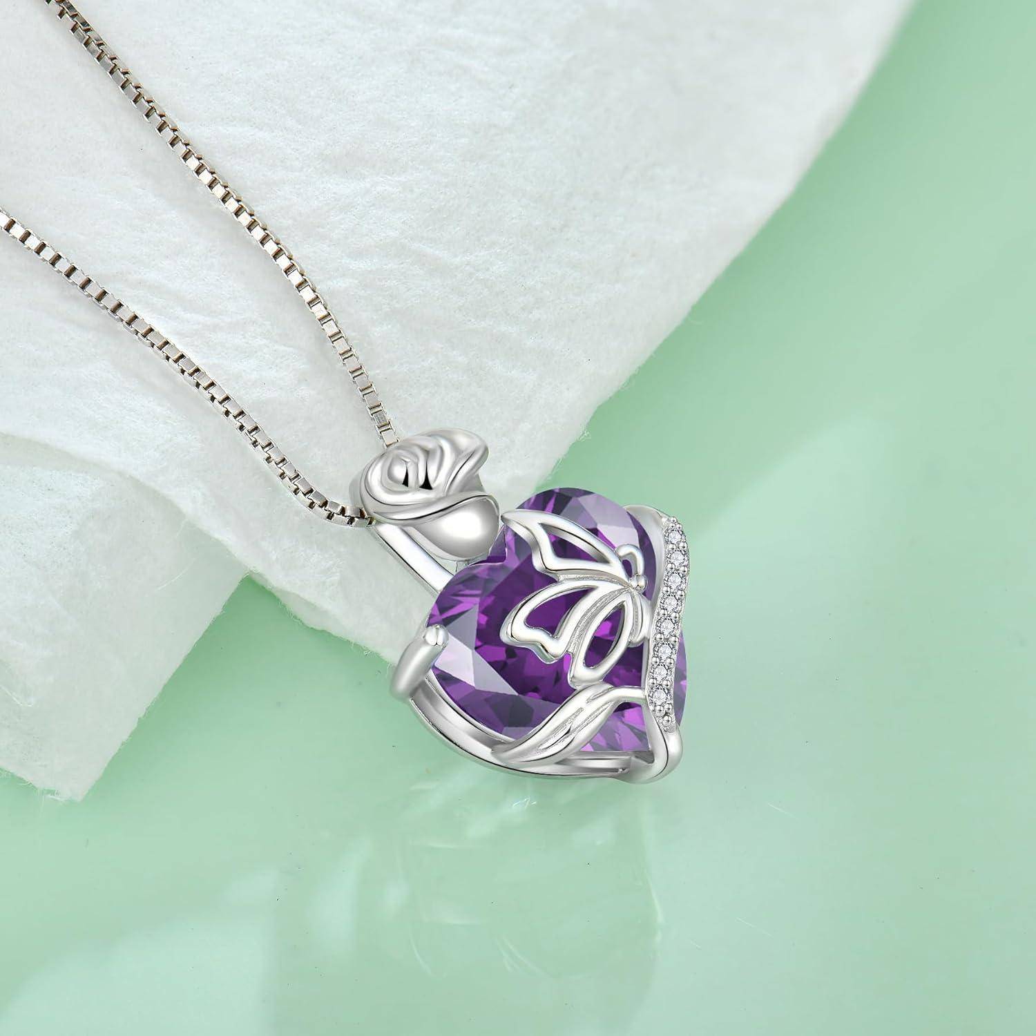 FJ Herz Geburtsstein Kette Damen 925 Sterling Silber Schmetterling Kette Anhänger Rose Blume Halskette Schmuck Geschenke für Frauen Mutter Freundin