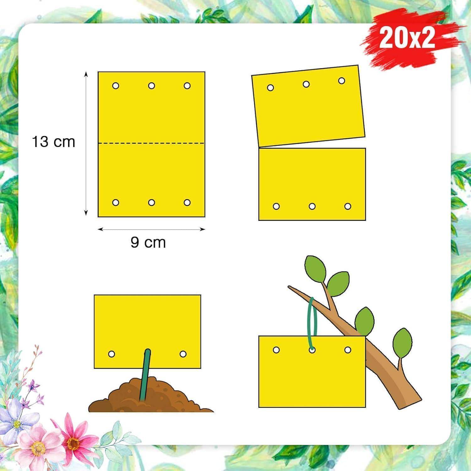 Diagramm zeigt ein 20x2 Rechteck, 13 cm mal 9 cm, das entlang einer gestrichelten horizontalen Linie geschnitten und um einen Ast gefaltet wird, um eine Pflanzenstütze zu bilden.