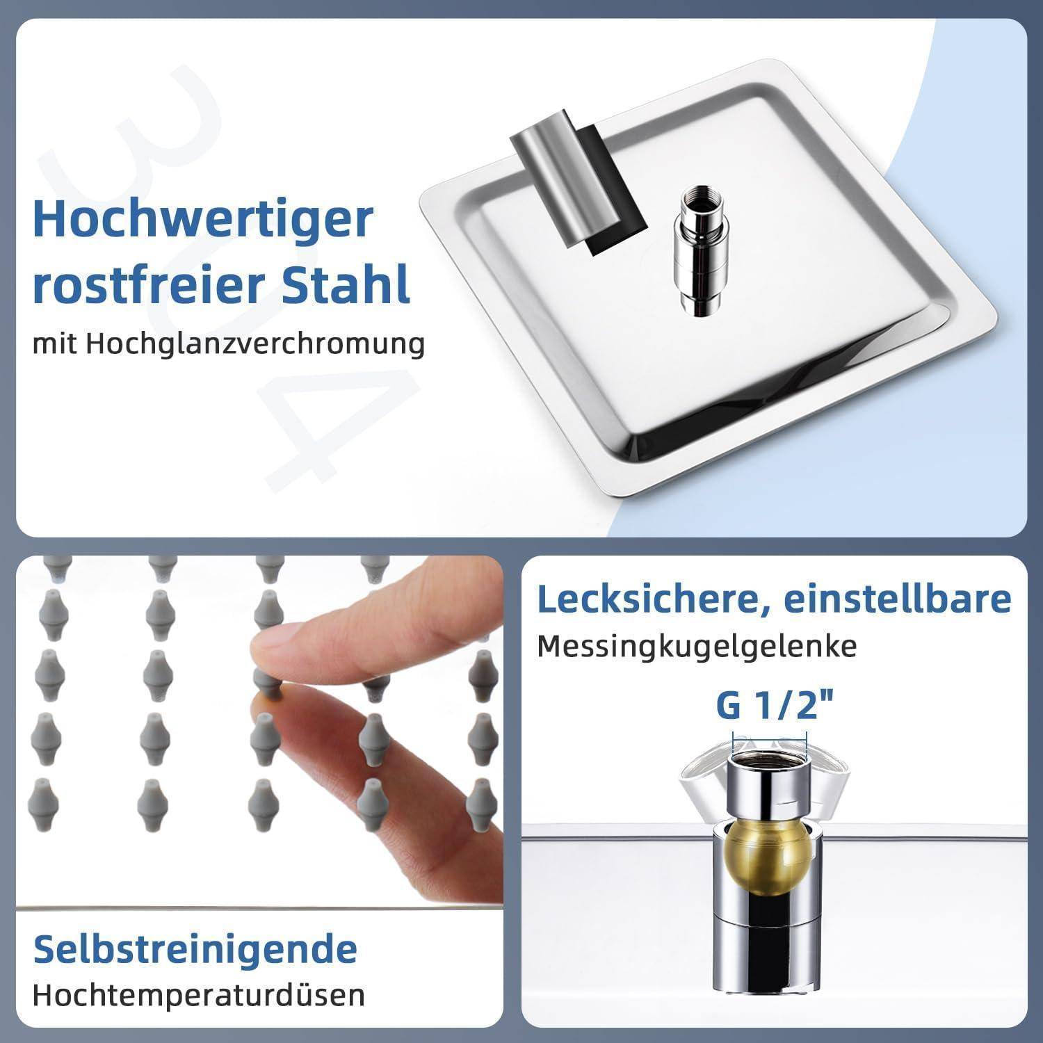 Hochwertiger rostfreier Stahl mit Hochglanzverchromung, selbstreinigender Hochtemperatur-Düsen und auslaufsicherer verstellbarer Messingkugelgelenke G 1/2.