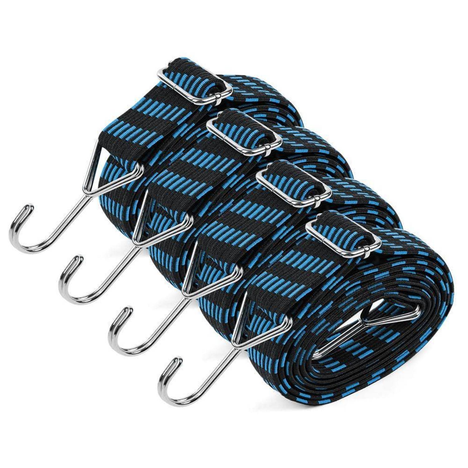 Aufgerollter blau-schwarzer Spanngurt mit fünf Metallhaken zum Sichern von Ladung.