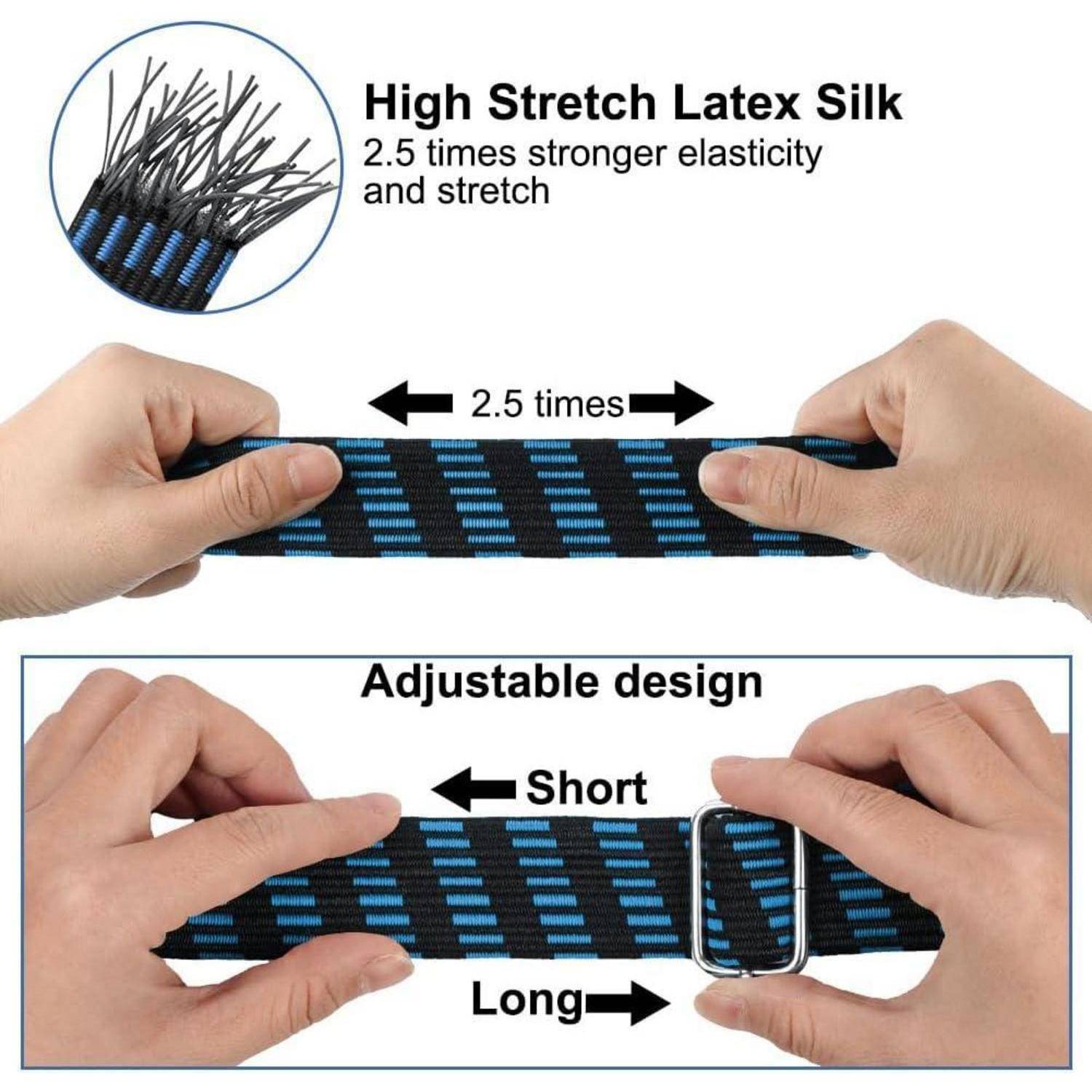 Infografik zeigt einen schwarz-blauen gewebten Riemen aus elastischem Latex-Seide mit der Bezeichnung 
