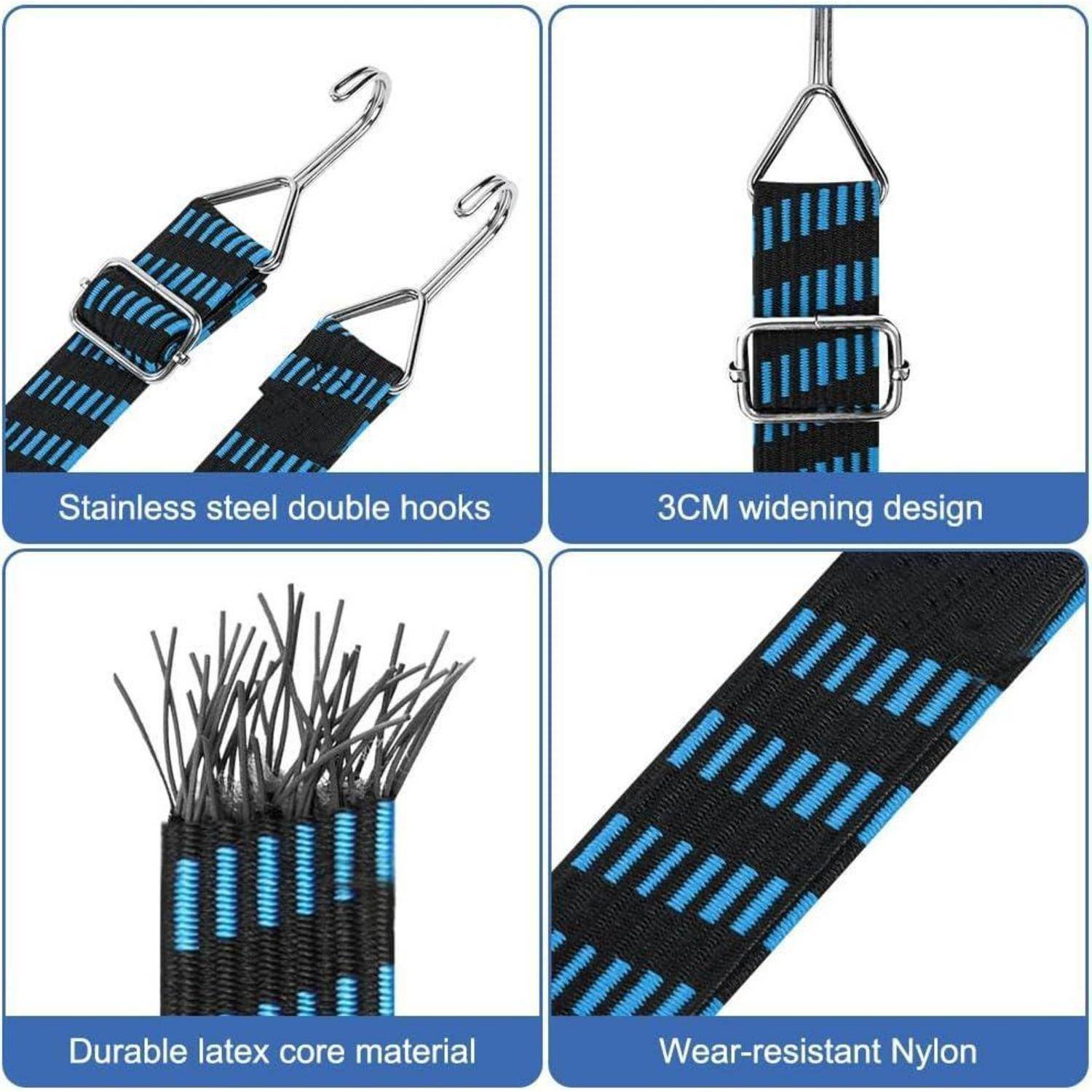 Vierteiliges Produktbild eines schwarz-blauen Riemens mit doppelten Edelstahlhaken, 3 cm Verbreiterungsdesign, strapazierfähigem Latexkern und verschleißfestem Nylon.
