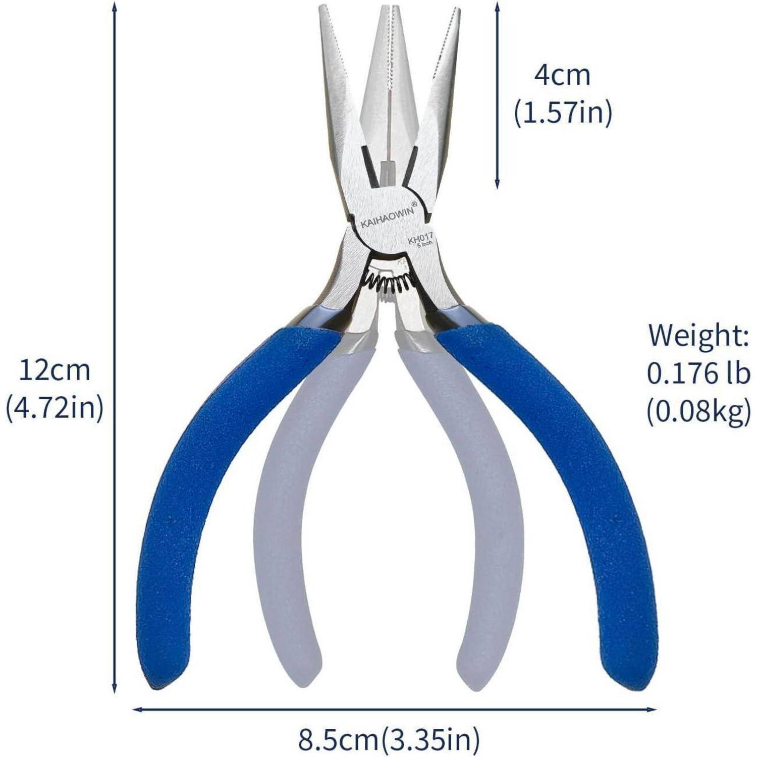 Produktbild von Spitzenzangen mit blauem und grauem Griff, gekennzeichnet mit 12 cm Länge, 8,5 cm Breite, 4 cm Backenöffnung und 0,176 lb Gewicht.