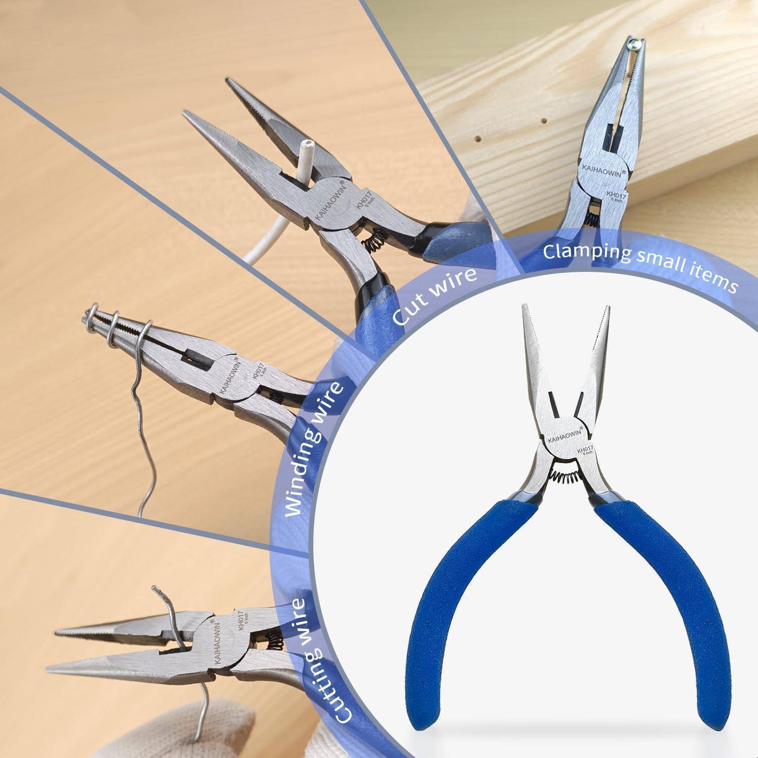 Illustration von multifunktionalen Spitzzangen mit blauen Griffen, die Verwendungen zum Drahtschneiden, Drehen von Draht und zum Klemmen kleiner Gegenstände zeigen.