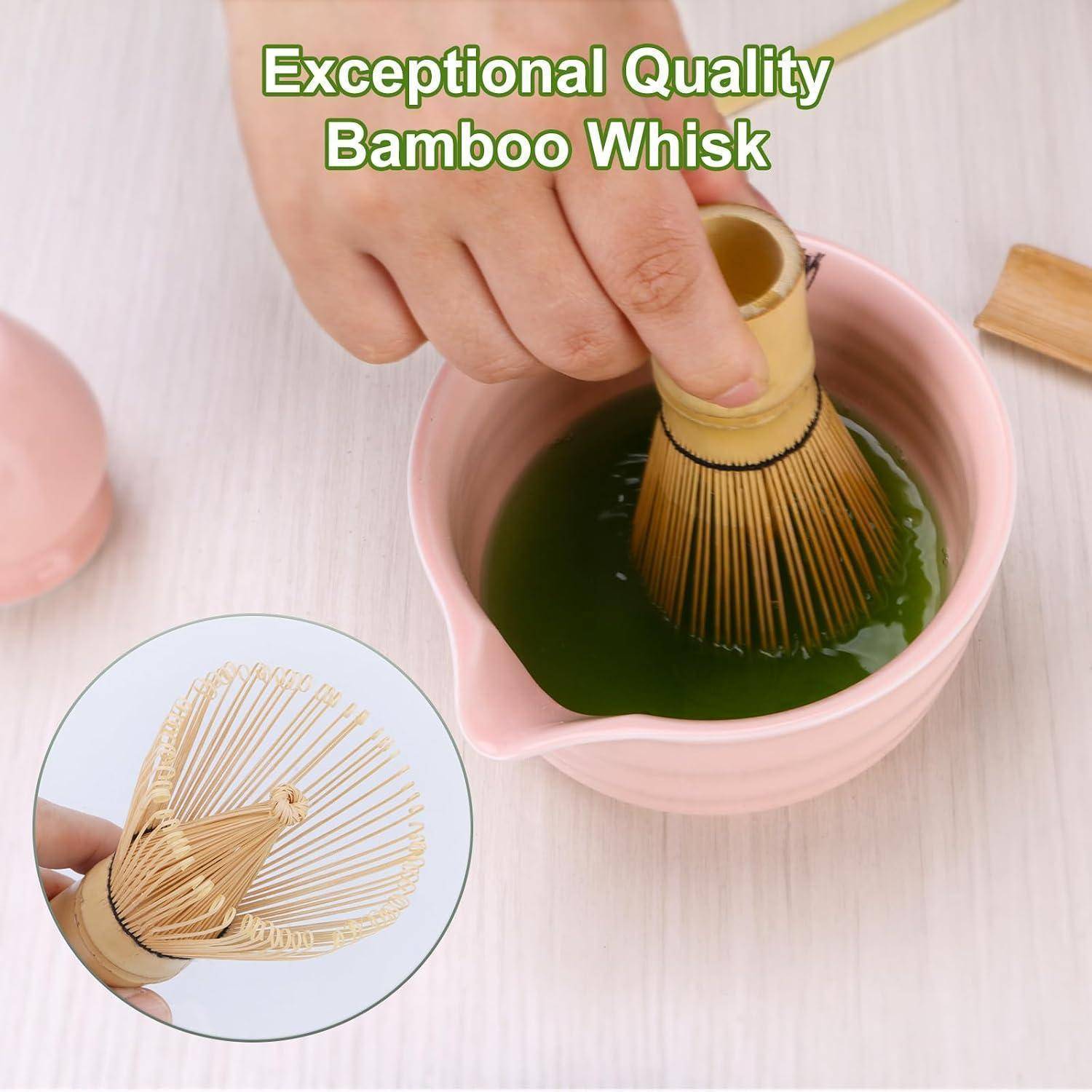 Matcha-Set Rosa mit Matcha Besen Matcha Schale mit Ausgießer Besenhalter aus Keramik und Löffel - 5 Stück Matcha Set Pink für Teeliebhaber