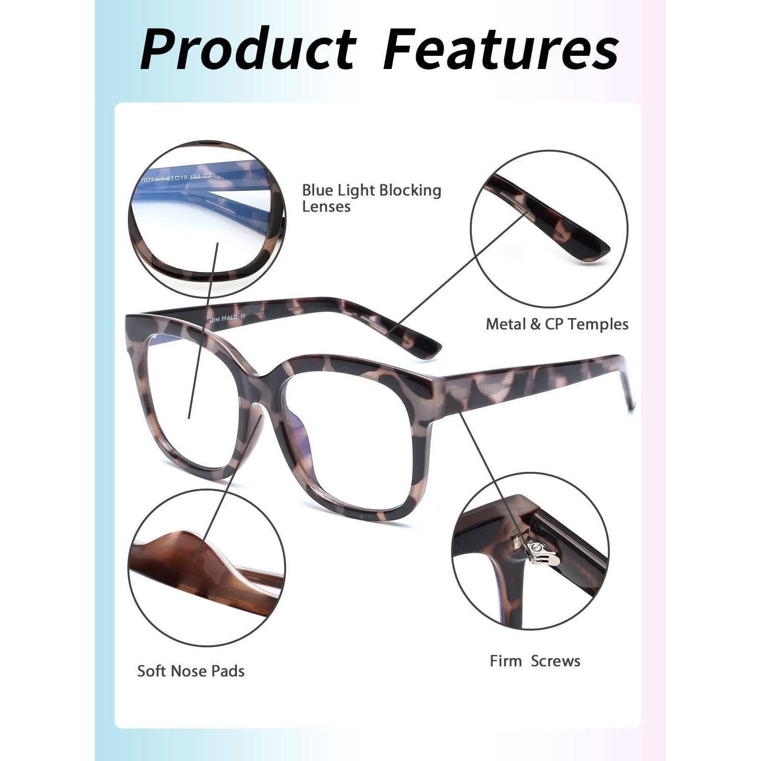 Produktmerkmaldiagramm einer Brille mit Blaulichtefilterlinsen, Metall- und CP-Bügeln, weichen Nasenpads und festen Schrauben.