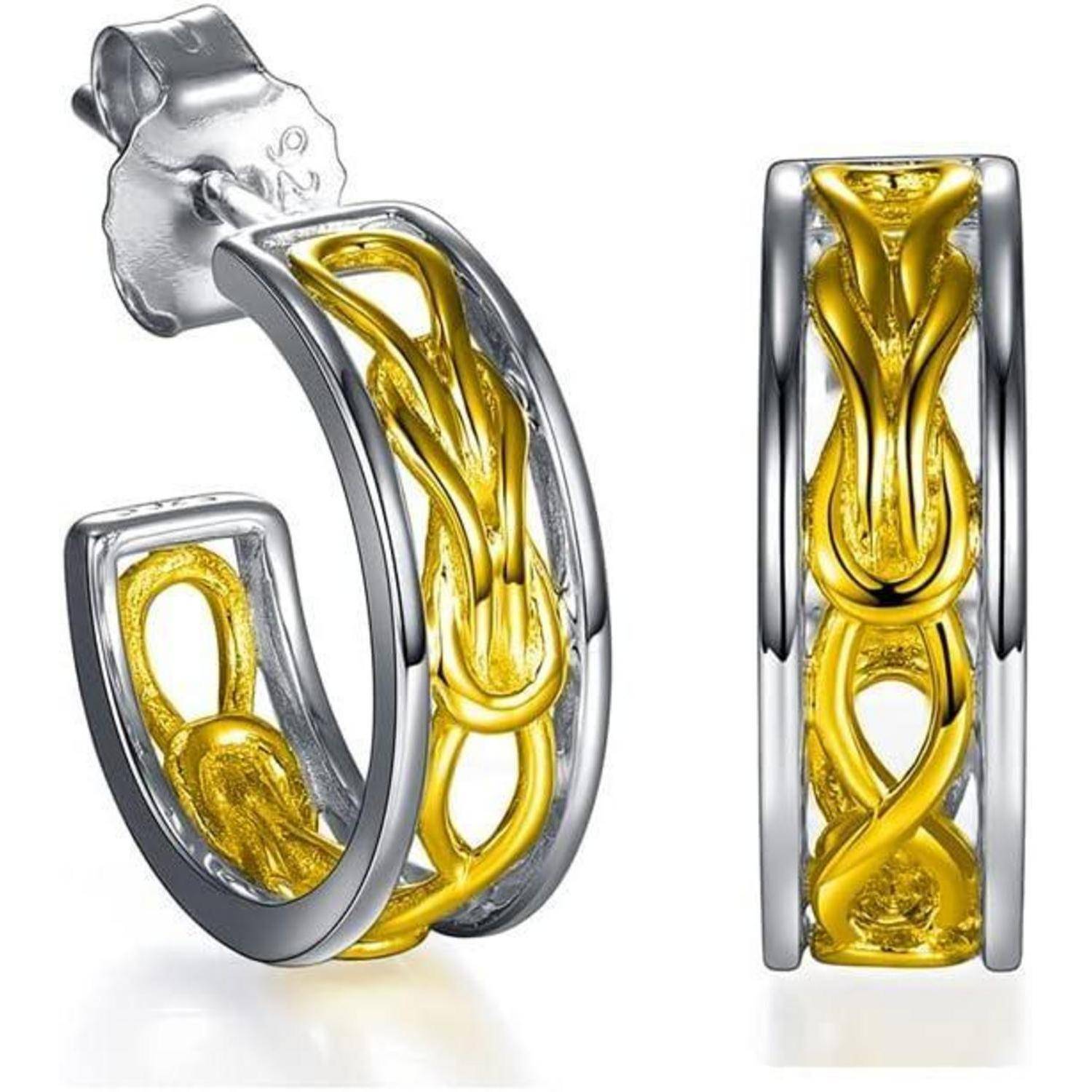 Silber- und Goldreifen-Ohrringe mit offenem Design, ineinander verschlungen, strukturierte Oberfläche, von zwei Seiten gezeigt.