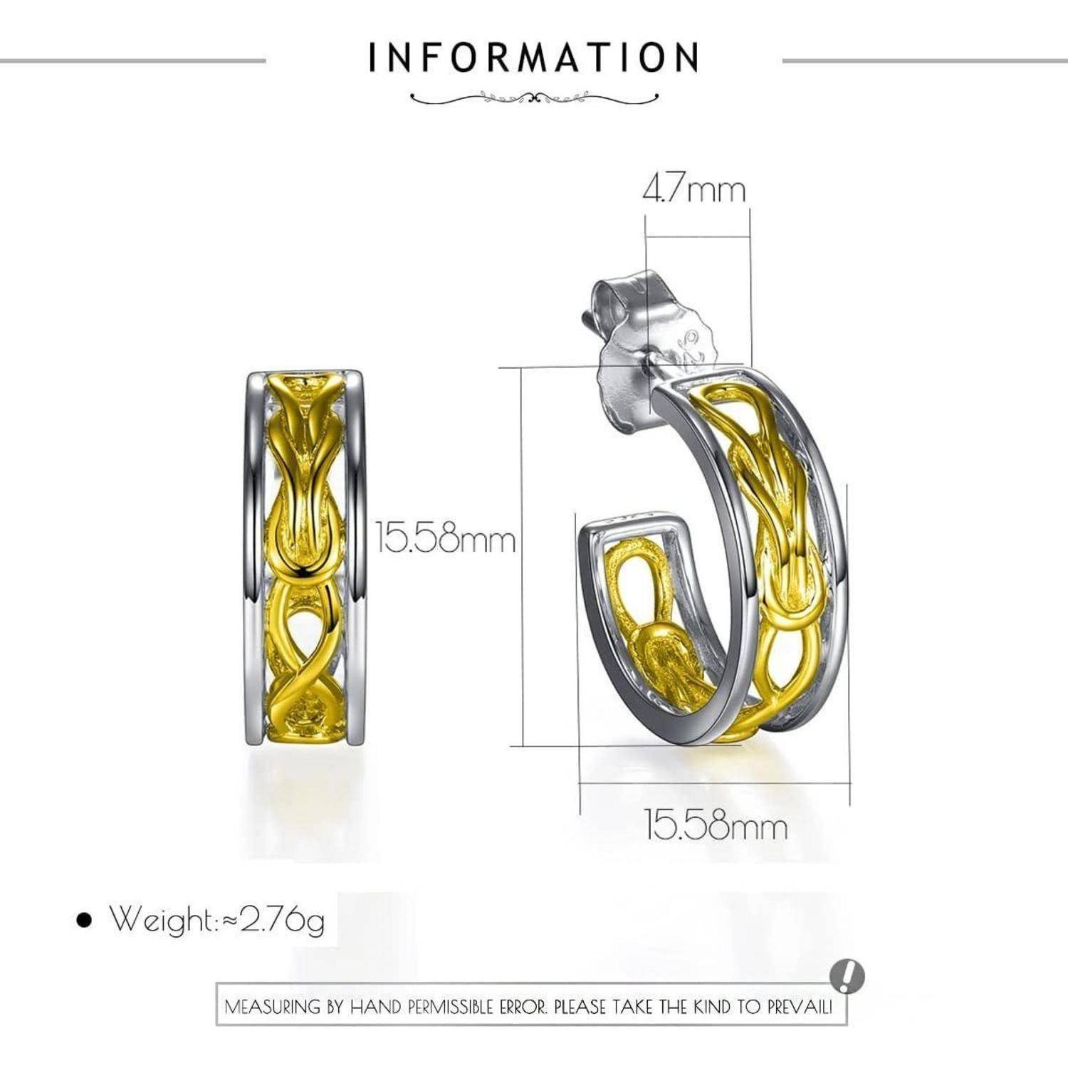 Produktinformationsgrafik für Gold-und-Silber-Creolen, zeigt Vorder- und Seitenansichten mit Abmessungen 15,58 mm und 47 mm, Gewicht 2,76 g.
