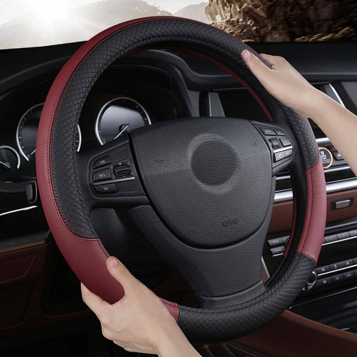 CGEAMDY Lenkradbezug Auto, Mikrofaser-Leder-Lenkradabdeckung, Sport Anti Rutsch Universal Lenkradbezug, Lenkrad Abdeckung Echtes Leder(Burgundisch
