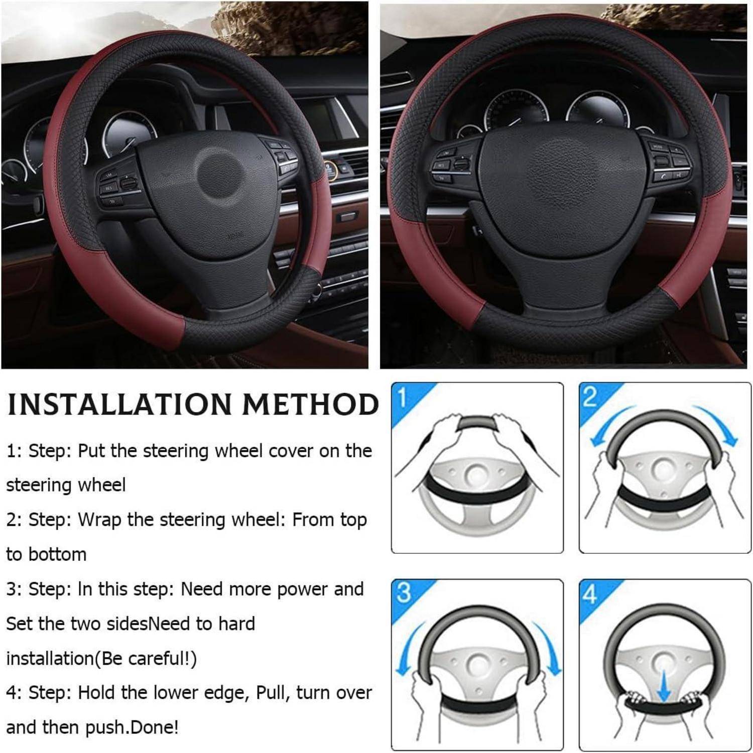 CGEAMDY Lenkradbezug Auto, Mikrofaser-Leder-Lenkradabdeckung, Sport Anti Rutsch Universal Lenkradbezug, Lenkrad Abdeckung Echtes Leder(Burgundisch