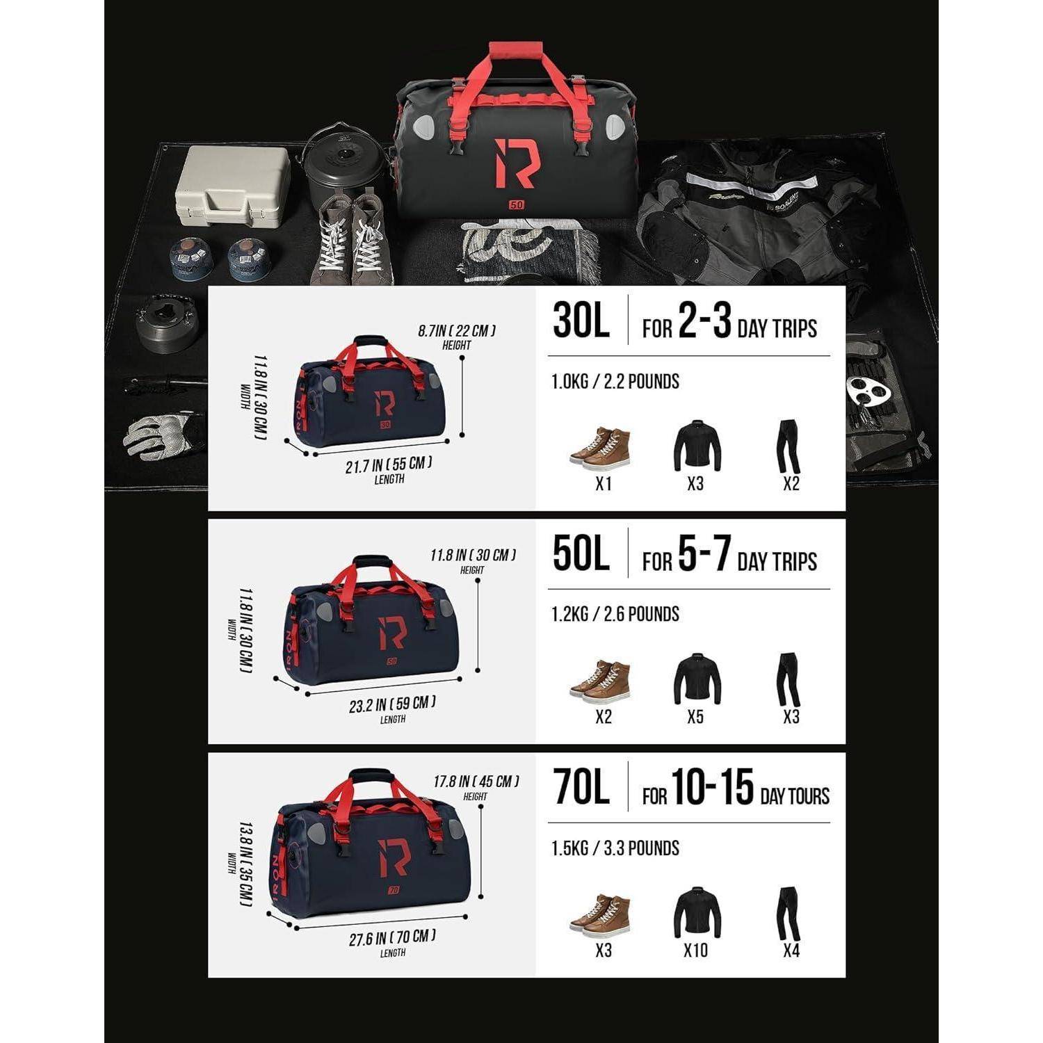 Infografik mit einem schwarzroten Reisetaschentigrucksack in den Größen 30L, 50L und 70L mit Abmessungen, Gewicht und Empfehlungen für Reisedauern von 2-3, 5-7 und 10-15 Tagen.