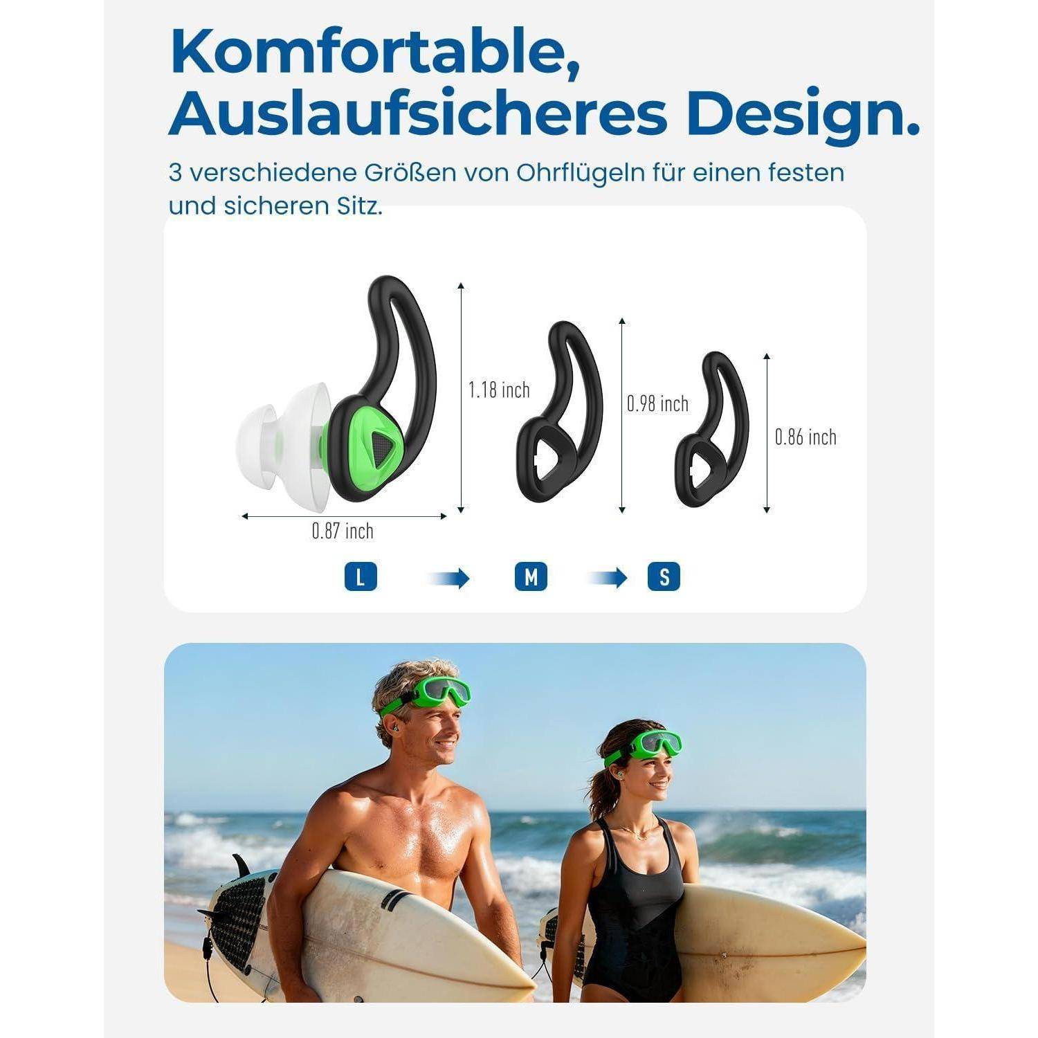 Illustration von drei Ohrstöpsel-Größen (L, M, S) mit Abmessungen für einen komfortablen, sicheren Sitz, plus ein Mann und eine Frau, die Surfbretter am Strand halten und die Ohrstöpsel tragen.