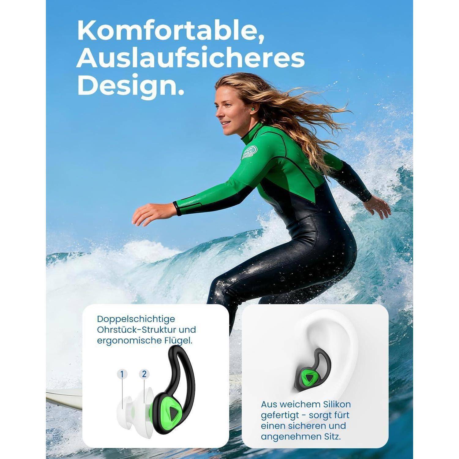 Surfer in einem grün-schwarzen Neoprenanzug reitet auf einer Welle; deutscher Text sagt „Komfortable, Auslaufsicheres Design