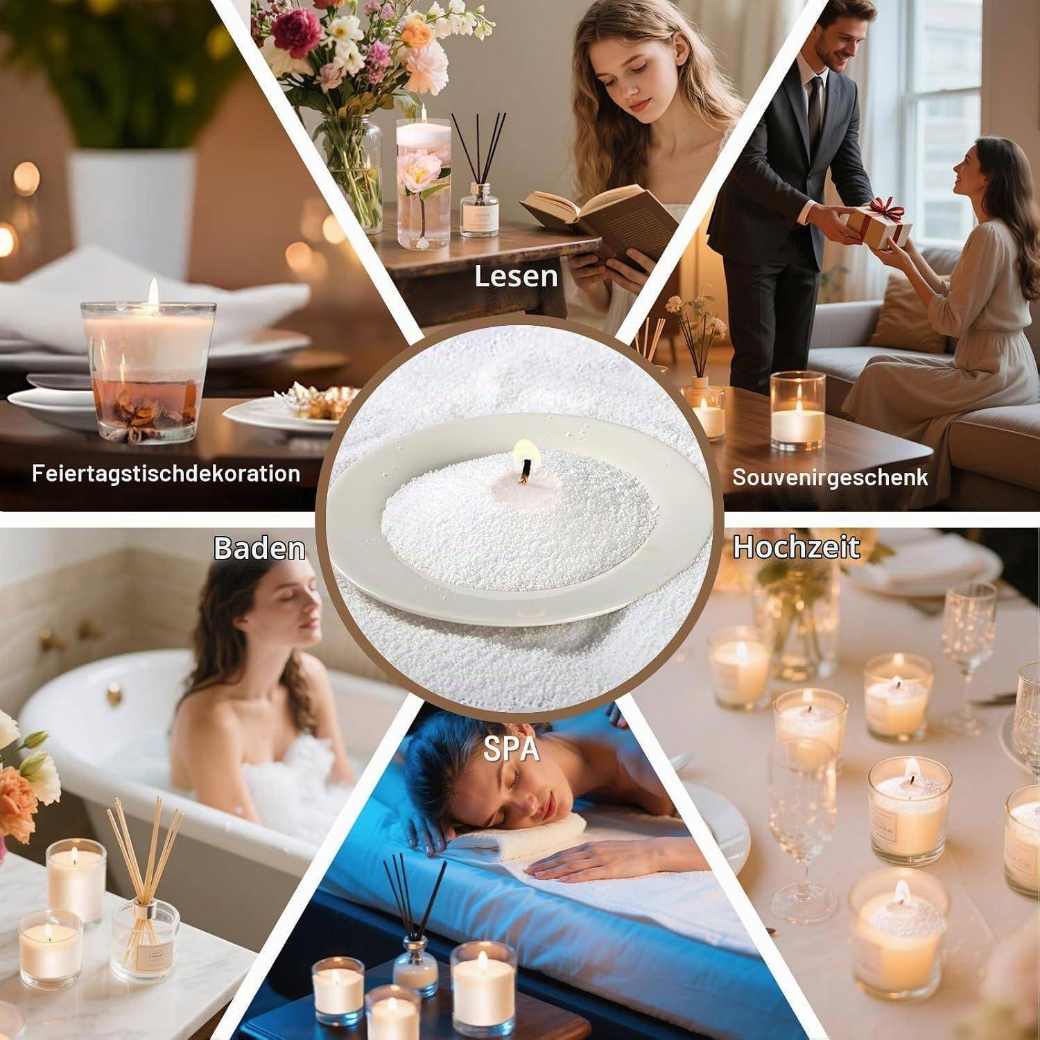 Collage einer weißen Kerze in einem Behälter mit Anwendungen zur Entspannung, zum Baden, zum Lesen, zur Hochzeitsdekoration, zur Tischdekoration und zum Verschenken.