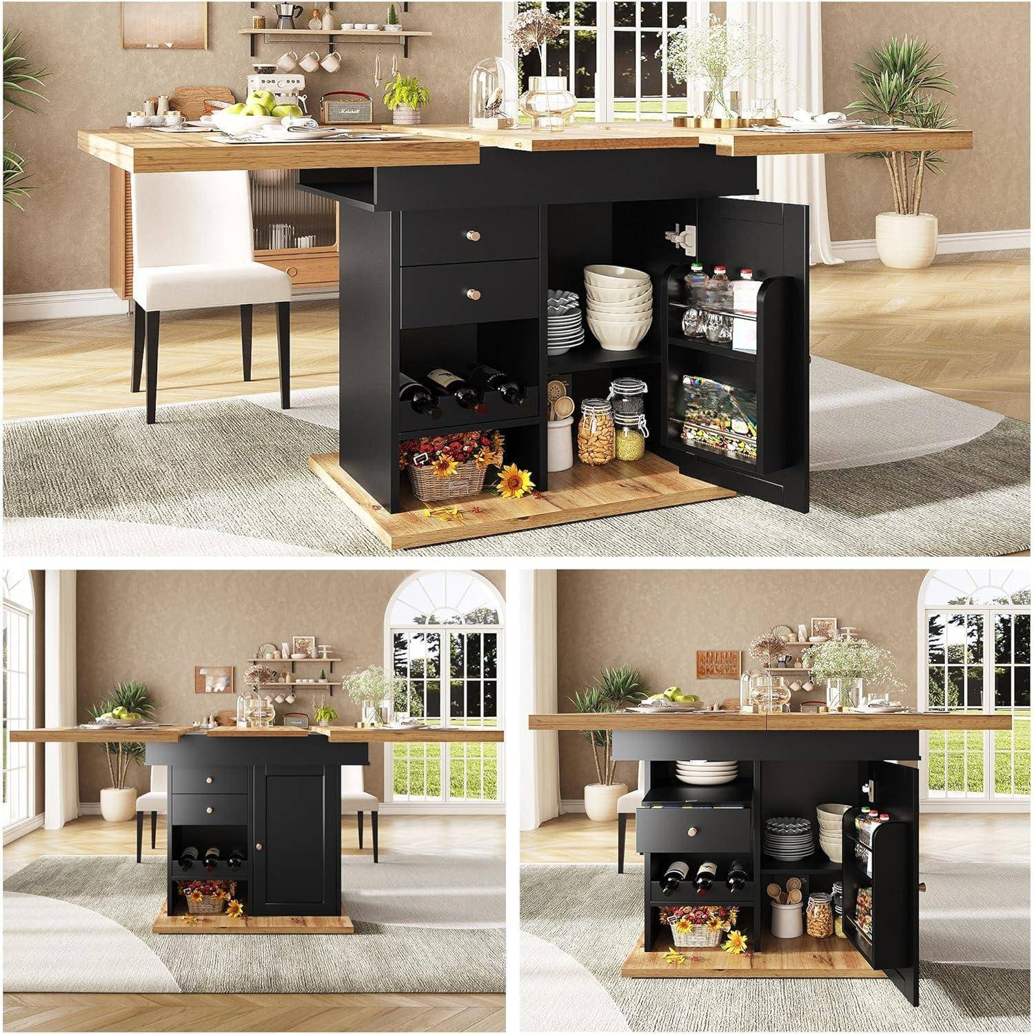 Schwarze Kücheninsel mit Holzplatte und Lagerschubladen/Türen, geöffnet, um Regale, Weinregal, Schüsseln, Flaschen und Körbe in einem hellen Esszimmer zu zeigen.