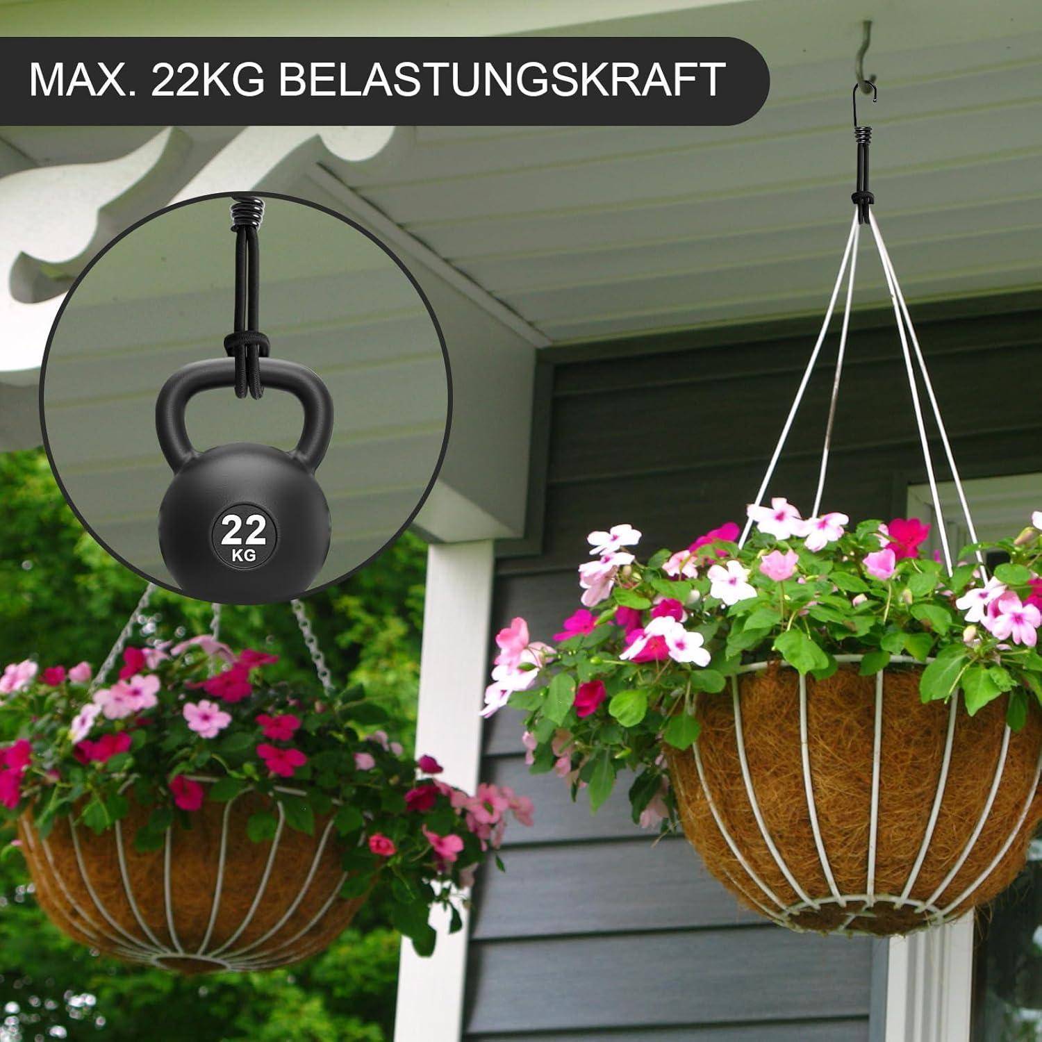 Zwei hängende Blumenkörbe, die an Haken aufgehängt sind, mit vergrößerter Nahaufnahme eines Hakens mit einer maximalen Tragfähigkeit von 22 kg.