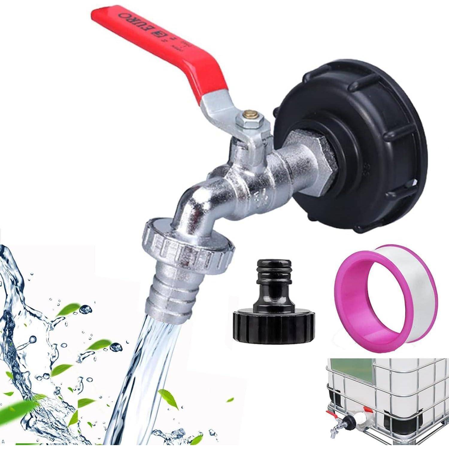 IBC-Tankventil mit rotem Hebel gießt Wasser, gezeigt mit Adapterverschraubungen und Dichtungsring-Zubehör.