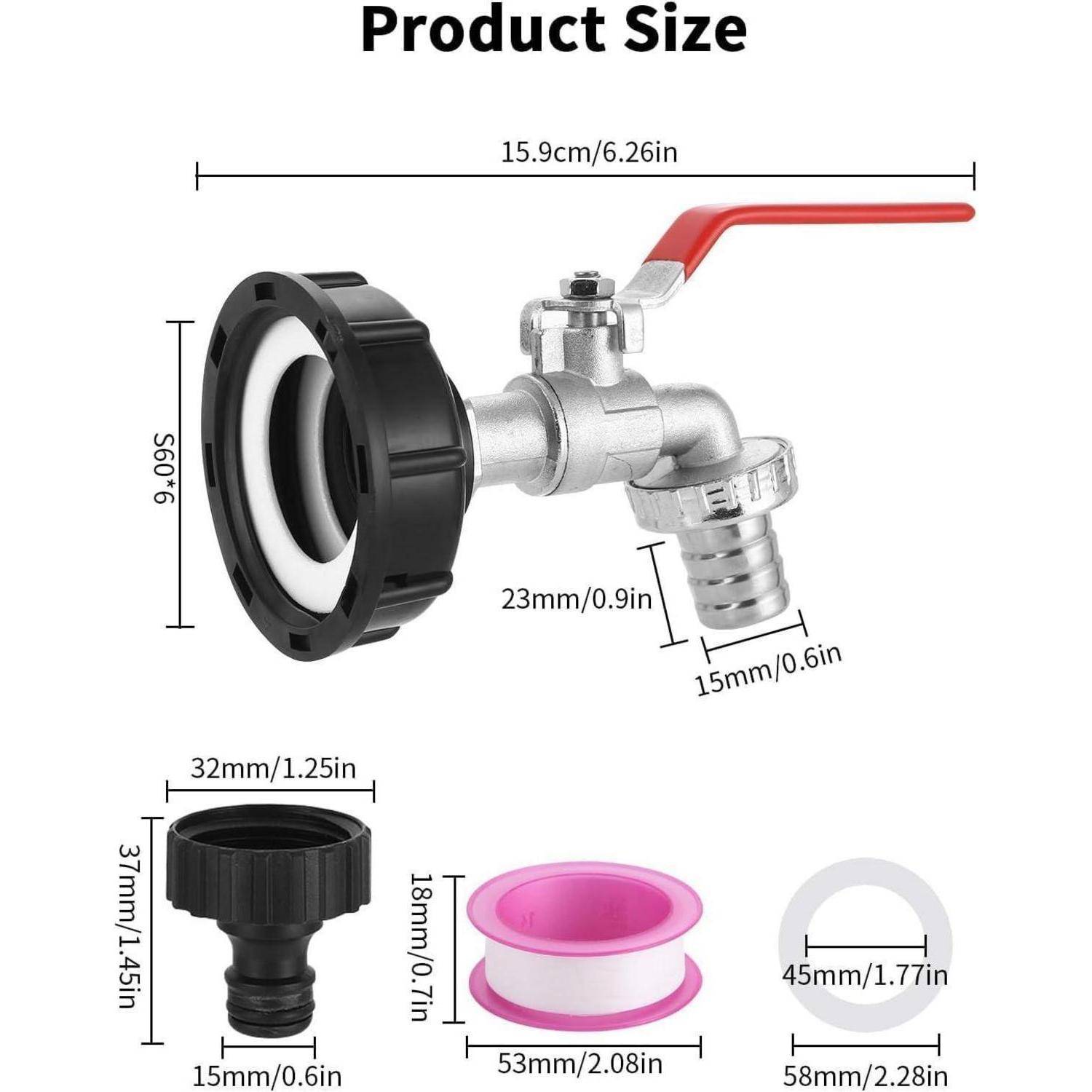 Produktgrößendiagramm für eine Ventilbaugruppe und Adapter, das Abmessungen des Haupthahnenventils mit rotem Griff plus drei Verbindungsteile zeigt, beschriftet in mm und Zoll.