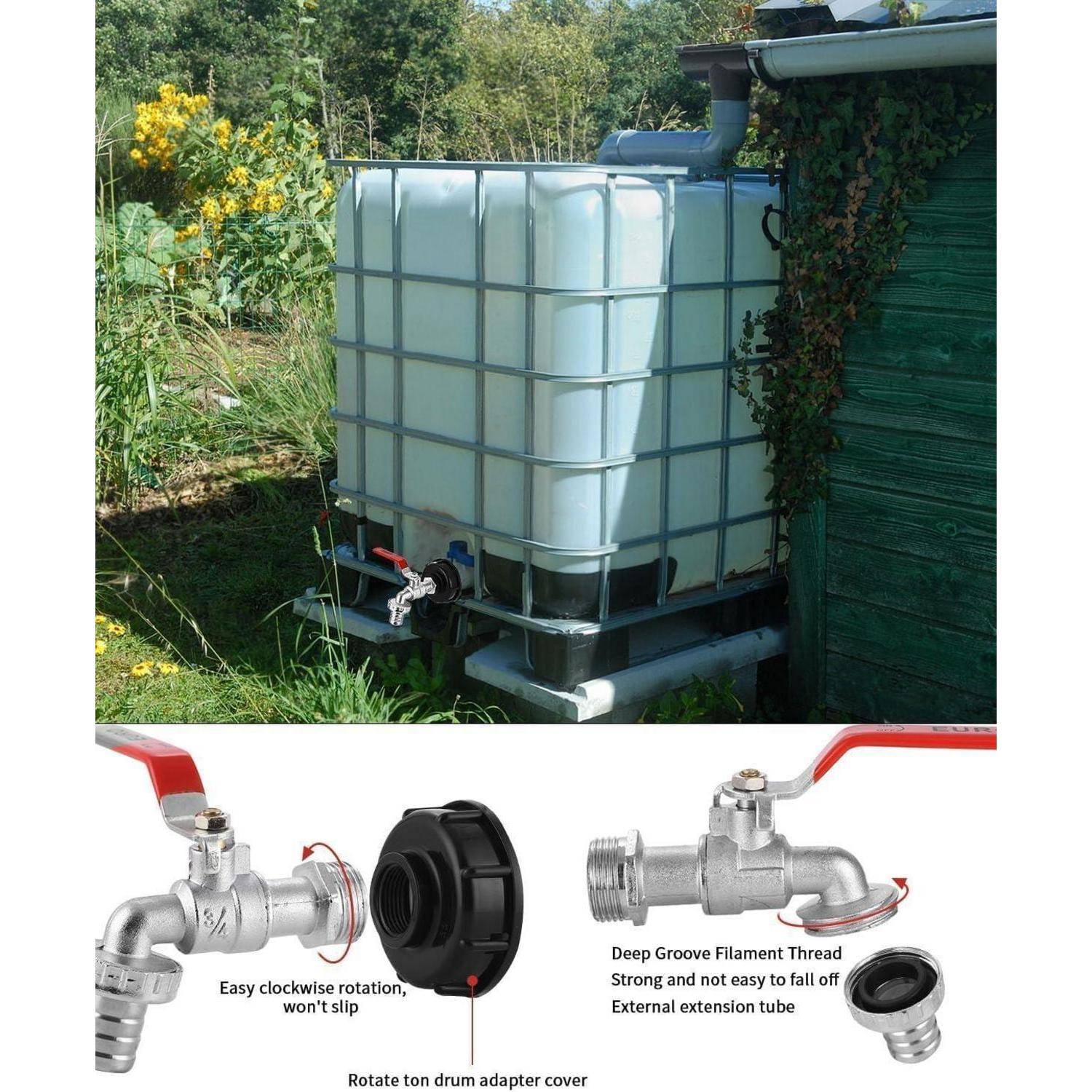 Großer Kunststoff-Wasserspeichertank im Freien mit einem Metallhahn, oben mit Nahaufnahmen eines Ventils und SchlauchAdapter-Teilen gezeigt, die mit Beschriftungen für einfache Rotation und sicheren Gewinde versehen sind.