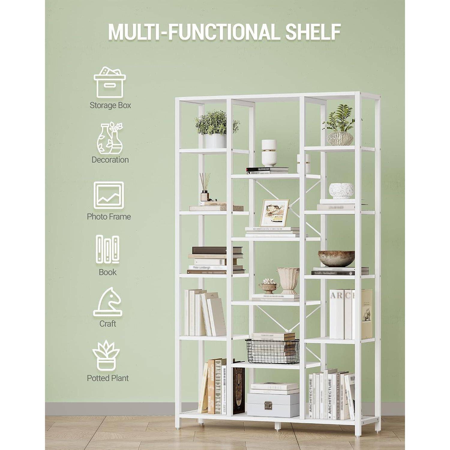 Produktanzeige für ein weißes multifunktionales Regal mit sechs Fächern, das zur Aufbewahrung, für Bücher, Dekoration, Bilderrahmen, Handwerk und Topfpflanzen verwendet wird.