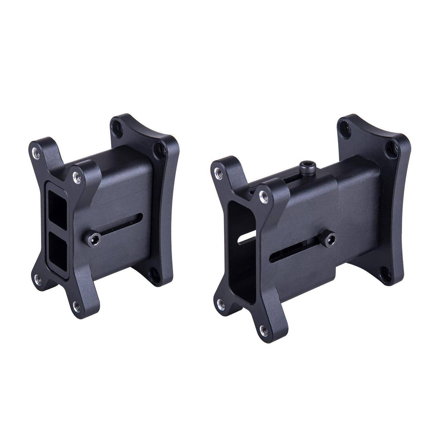 Zwei schwarze Metall-Wandhalterungen nebeneinander auf weißem Untergrund dargestellt, jede mit vier Schraubenlöchern und einer Schlitzöffnung zur Verstellung.
