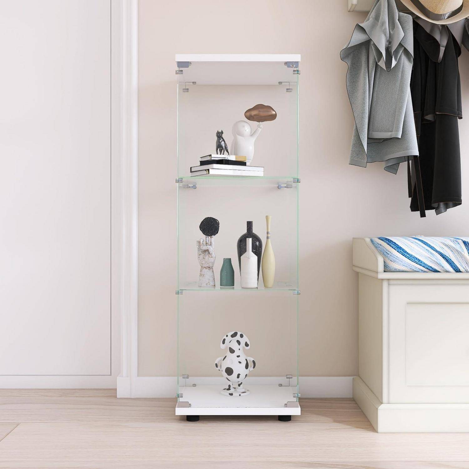 Vitrine aus Glas, 3 Regale, Aufbewahrungsschrank aus Glas auf Fuß, Vitrinenschrank mit 1 Türen und Schloss, Vitrine für Sammlung, für Schlafzimmer