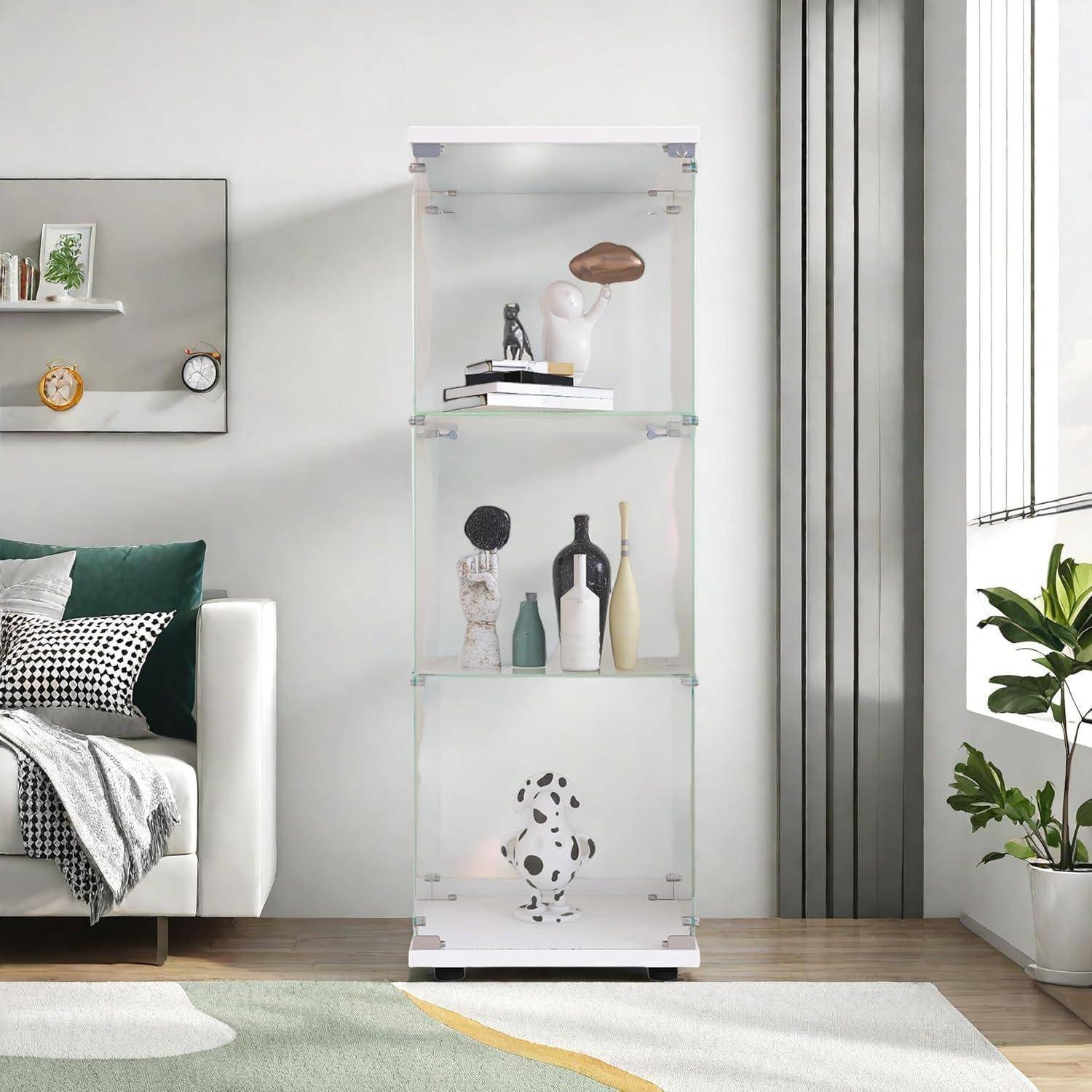 Vitrine aus Glas, 3 Regale, Aufbewahrungsschrank aus Glas auf Fuß, Vitrinenschrank mit 1 Türen und Schloss, Vitrine für Sammlung, für Schlafzimmer