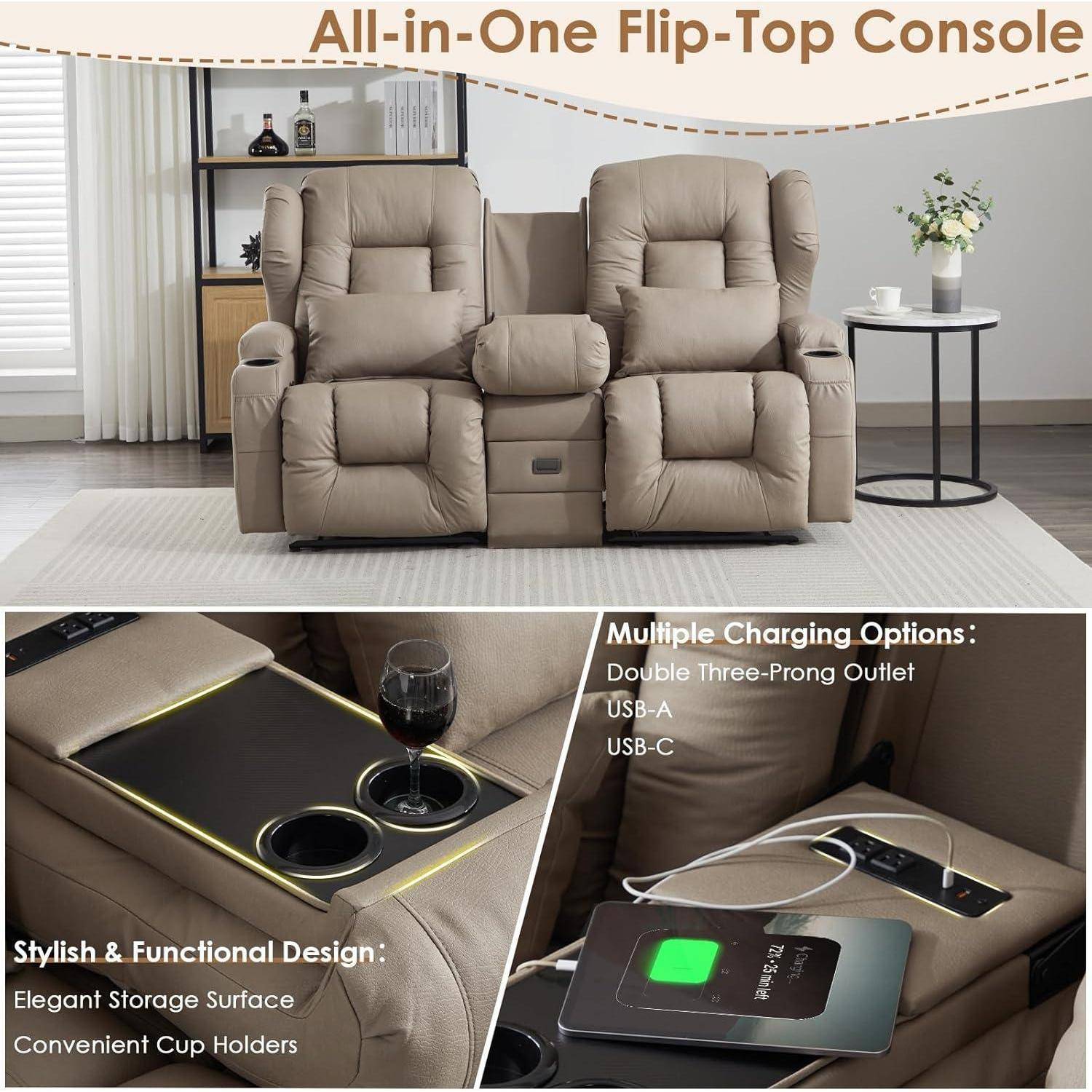 Beiger Liege-Loveseat mit All-in-One-Umklapp-Konsole, Getränkehaltern, Stauraum und integrierten Ladefunktionen, gezeigt in Wohnzimmer- und Detailaufnahmen.
