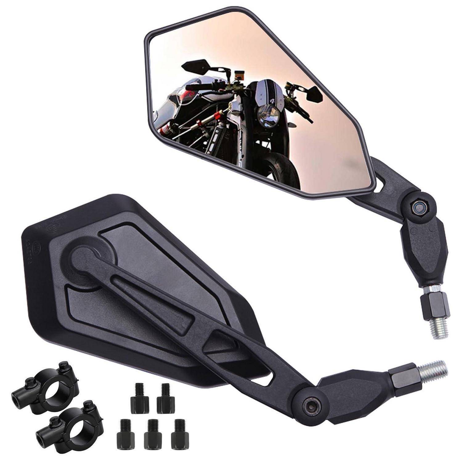 Motorrad-Lenkerstock-Spiegelset mit zwei winkelbaren schwarzen Seitenspiegeln, Montagezubehör und einer reflektierten Frontansicht eines Motorrads.