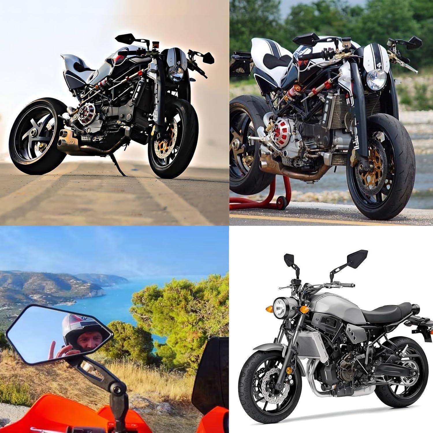 Collage aus vier Motorradfotos: drei maßgefertigte Sportmotorräder in Studio- und Außenaufnahmen sowie ein rotes Motorrad, das entlang einer Küstenstraße gefahren wird.