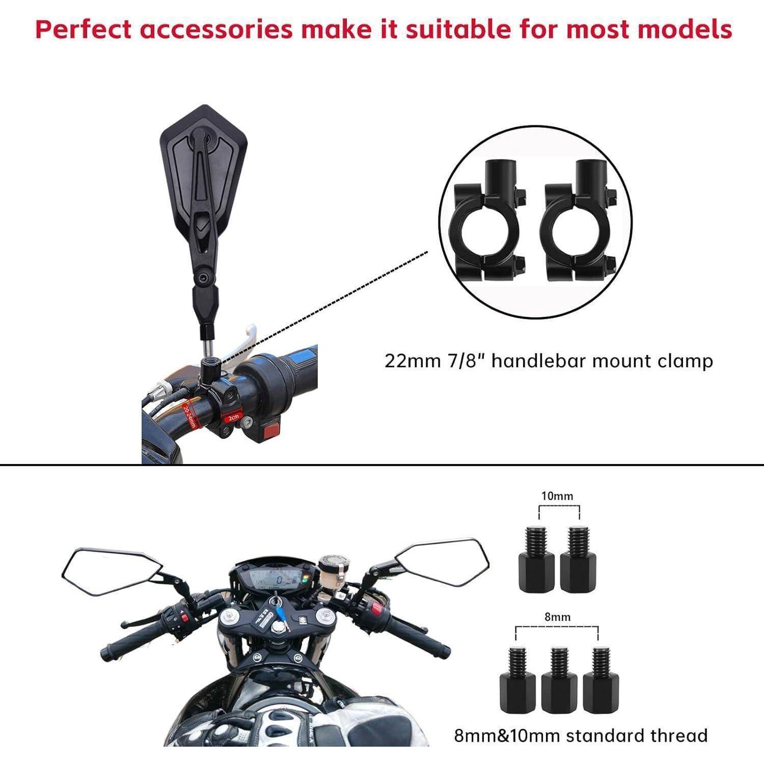 Motorrad-Spiegels-Zubehör mit einer Lenkerhalterungsklemme für 22-mm-Lenker und Standard-Gewindadapter mit 8-mm- und 10-mm-Gewinde.
