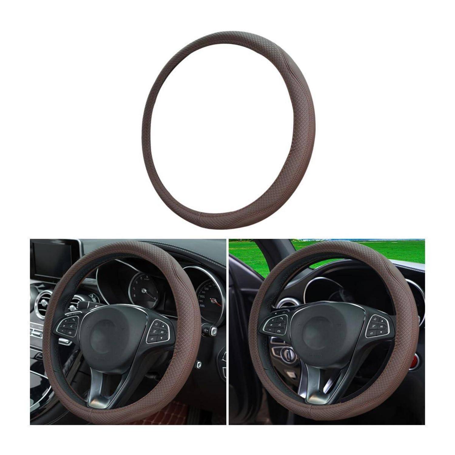 Braunflächige Lenkradabdeckung, allein abgebildet und montiert auf einem Auto-Lenkrad in zwei Innenraumansichten.