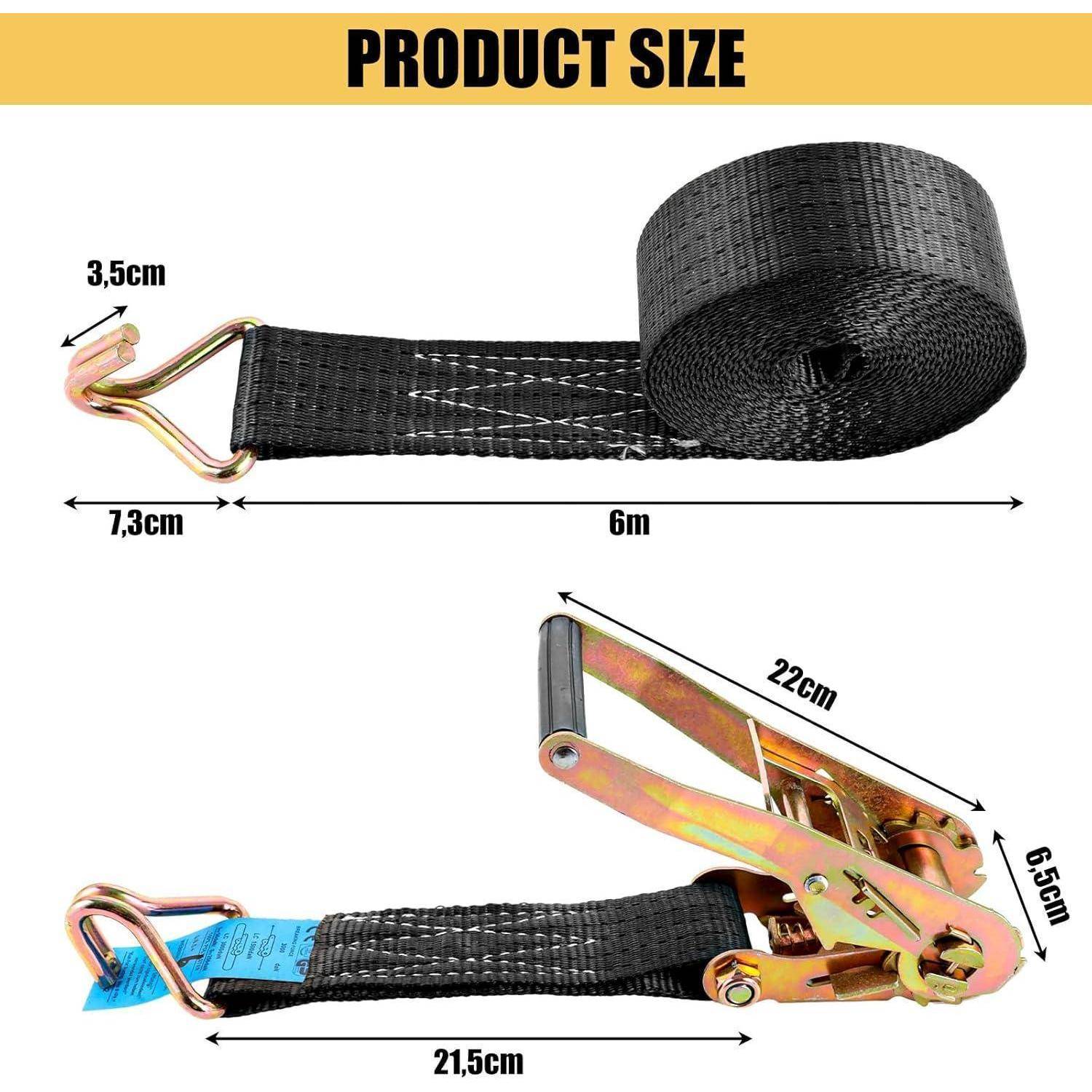 Produktgrößendiagramm mit einem schwarzen Spannriemen mit Hakenendenм Abmessungen gekennzeichnet: 6 m Riemenlänge, 7,3 cm Hakenbreite, 3,5 cm Hakenöffnung, 22 cm Ratsche, 21,5 cm Riemen und 6,5 cm Höhe.