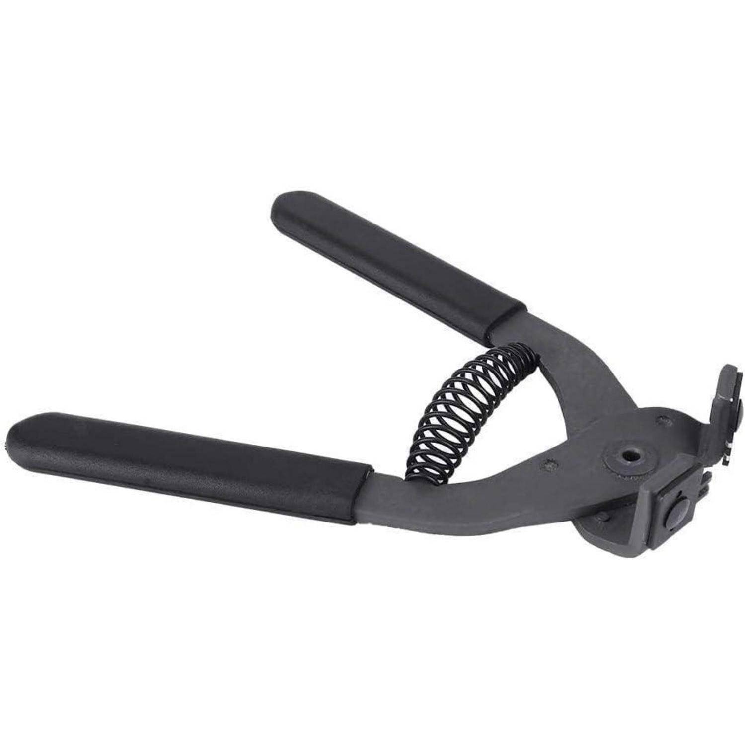 Schwarzes Metall-Gitarrencapo mit federbelasteten Griffen und gepolsterten Griffen auf weißem Hintergrund.