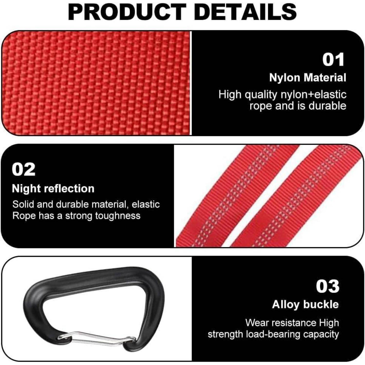 Produktdetails für ein rotes Nylon-Elasticseil mit reflektierenden Streifen und einer Legierungssperre; hebt langlebig, starke Tragfähigkeit und nachts reflektierendes Material hervor.