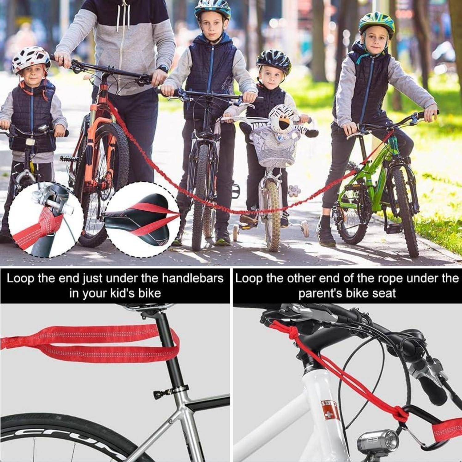 Familienradfahren mit Kindern unter Verwendung eines roten Abschleppseils; eingefügte Anweisungen zeigen das Schleifen eines Endes unter den Lenkstangen eines Kindes und des anderen unter dem Fahrradsattel des Elternteils.
