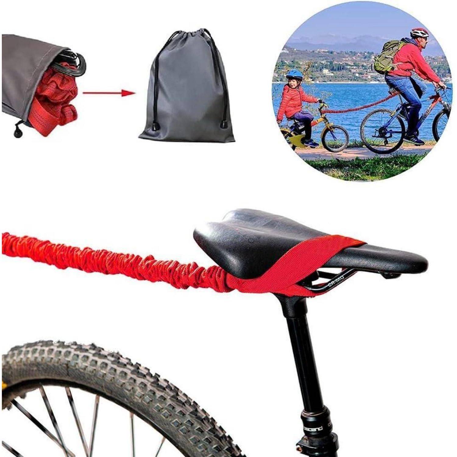 Rote Sitzbezug-Abdeckung mit Kordelzug auf einem Fahrradsattel, mit einer Tasche zum Aufbewahren, die beim Entfernen gezeigt wird, und ein Radfahrer, der in einem kleinen Bildausschnitt am Wasser vorbeifährt.