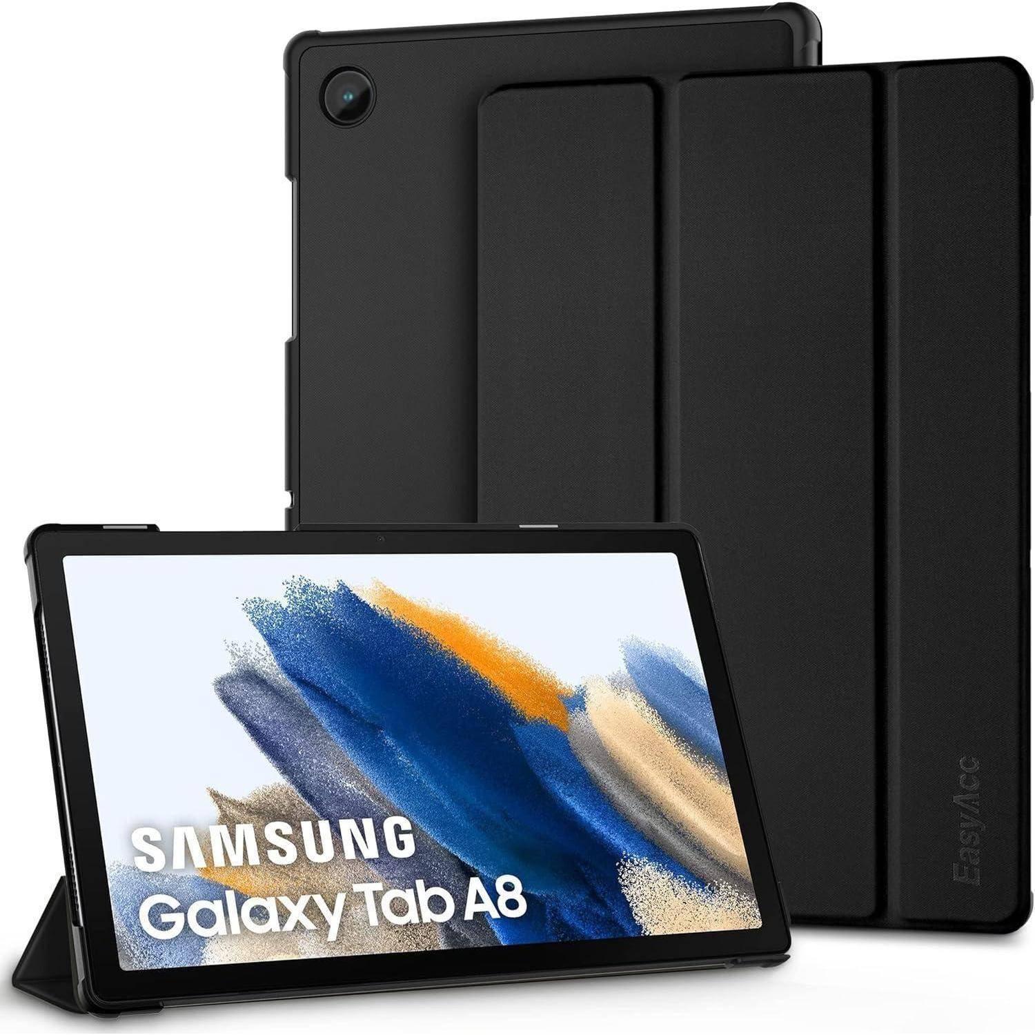 Samsung Galaxy Tab A8 Tablet in Schwarz mit Vorderansicht des Displays und zwei Rückansichten mit einer umgeklappten Schutzhülle.