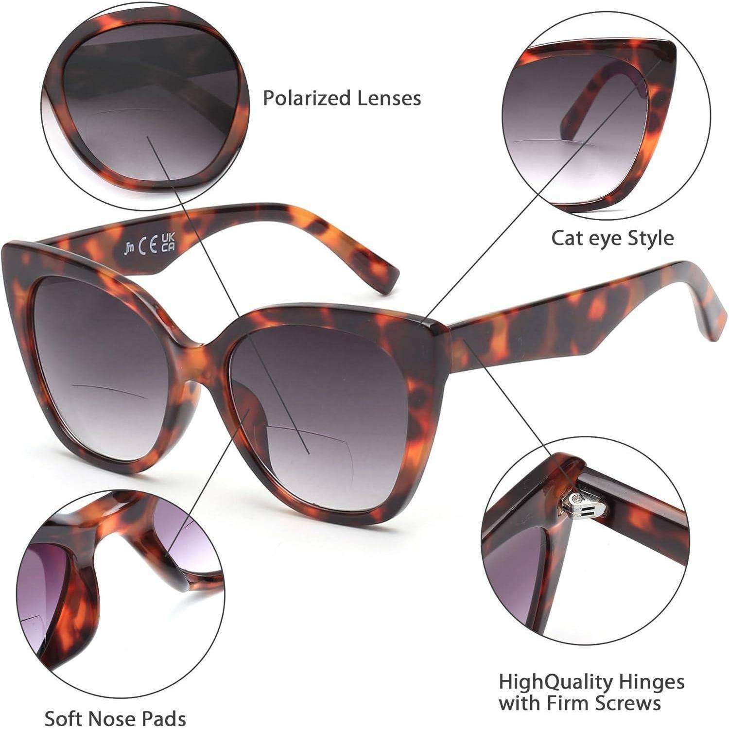 Katzenauge-Schildpatt-Sonnenbrille mit polarisierten Gläsern, weichen Nasenpads und hochwertigen Scharnieren, mit Close-up-Funktionshinweisen gezeigt.