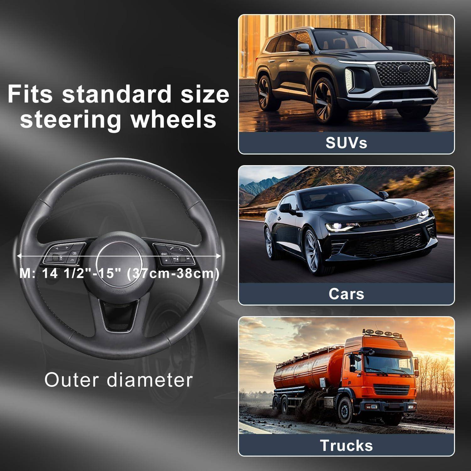 Grafik, die zeigt, dass eine Lenkradabdeckung für Standard-Lenkräder mit einem Außendurchmesser von 14 1/2 bis 15 Zoll (37 bis 38 cm) passt, für SUVs, Autos und Lastkraftwagen.