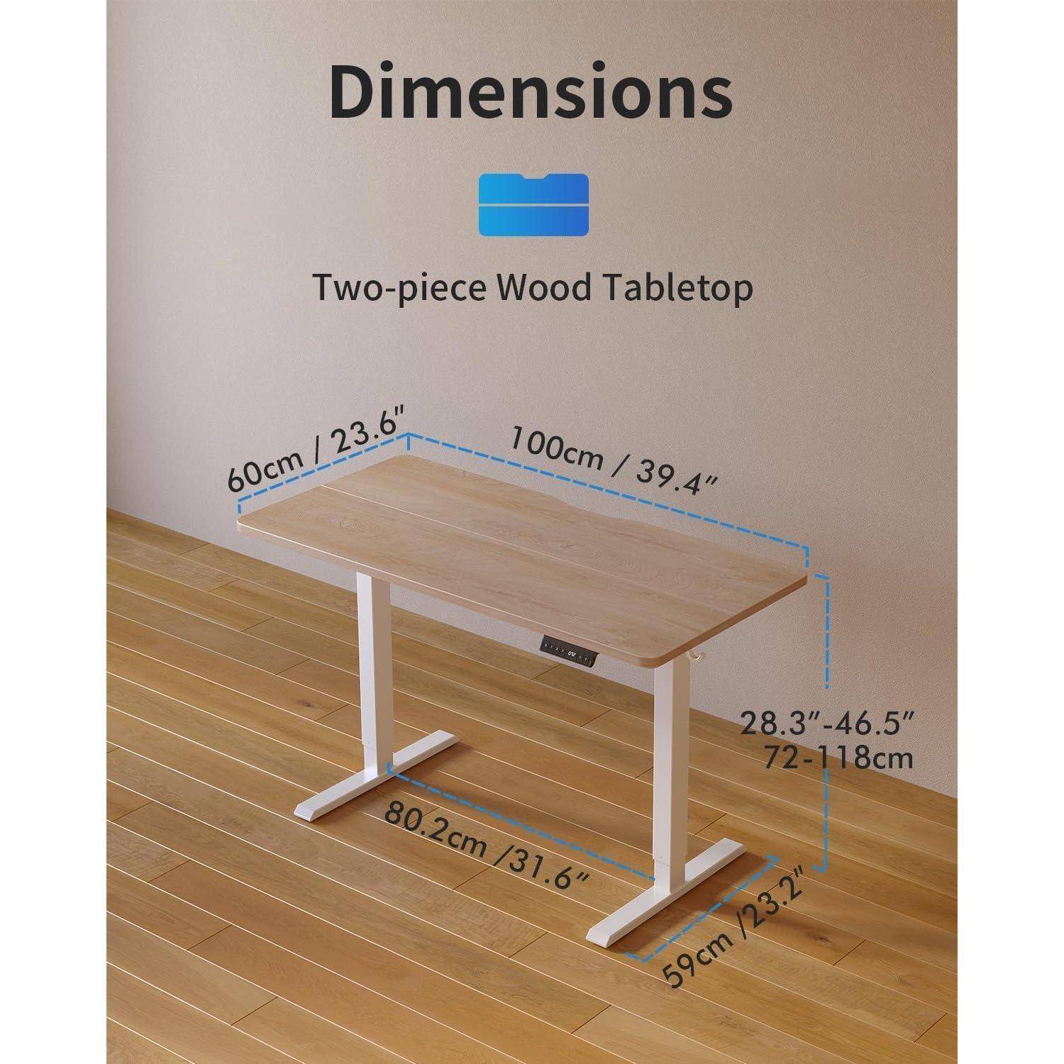 Maßstabzeichnung einer zweiteiligen Holztischplatte für einen Schreibtisch mit Größenangaben: Tischplatte 100 cm × 60 cm, Höhe 72–118 cm, Basis 80,2 cm × 59 cm.