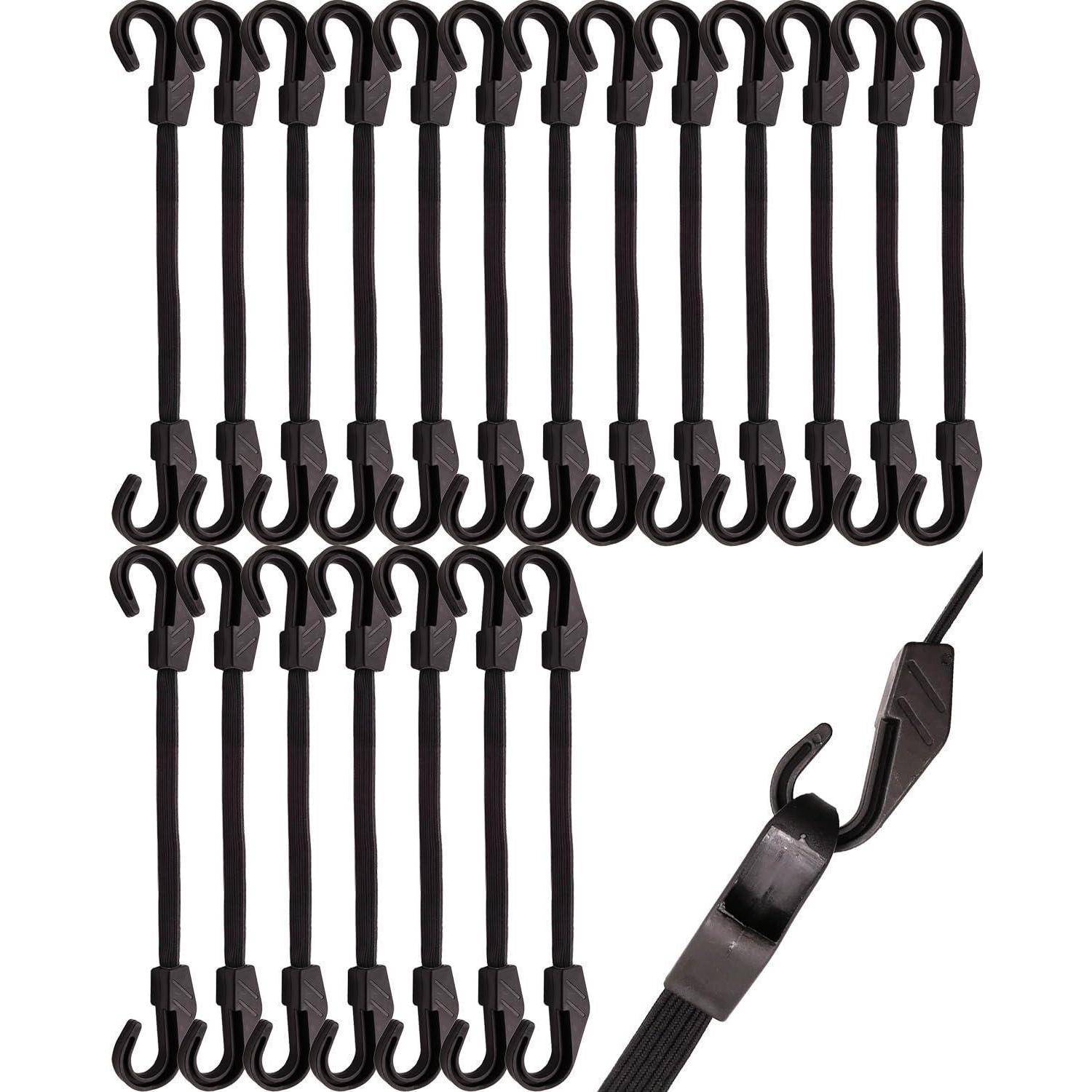 Schwarze Kunststoff-Spanngurt-Haken in verschiedenen Längen gezeigt, mit einer Nahaufnahme eines zusammengebauten Hakens und Riemenverbinders.