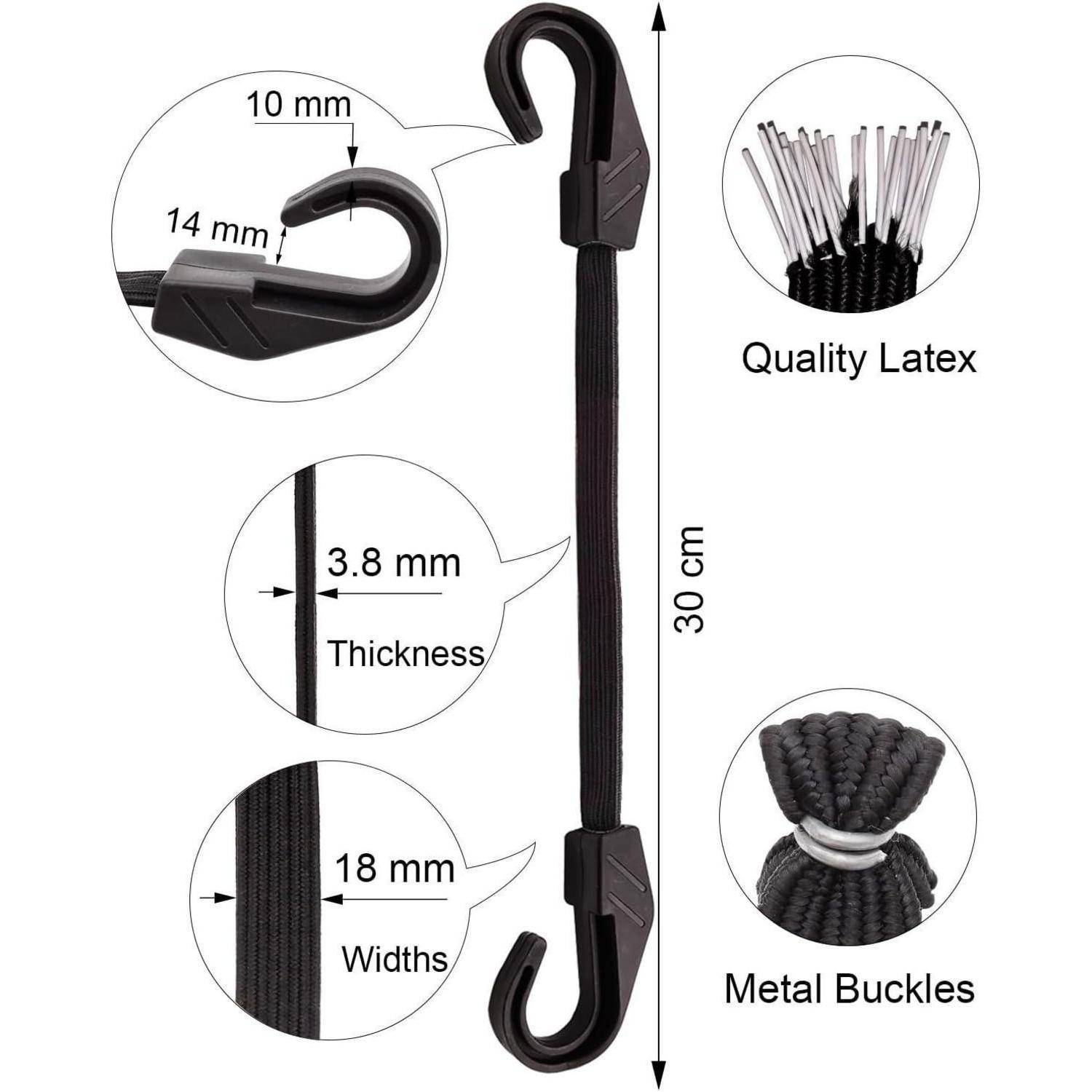 Kommentiertes Produktbild eines 30 cm schwarzen elastischen Spanngurts mit Hakenendern, zeigt Abmessungen, 3,8 mm Dicke, 18 mm Breite, hochwertige Naturlatex und Metallschnallen.