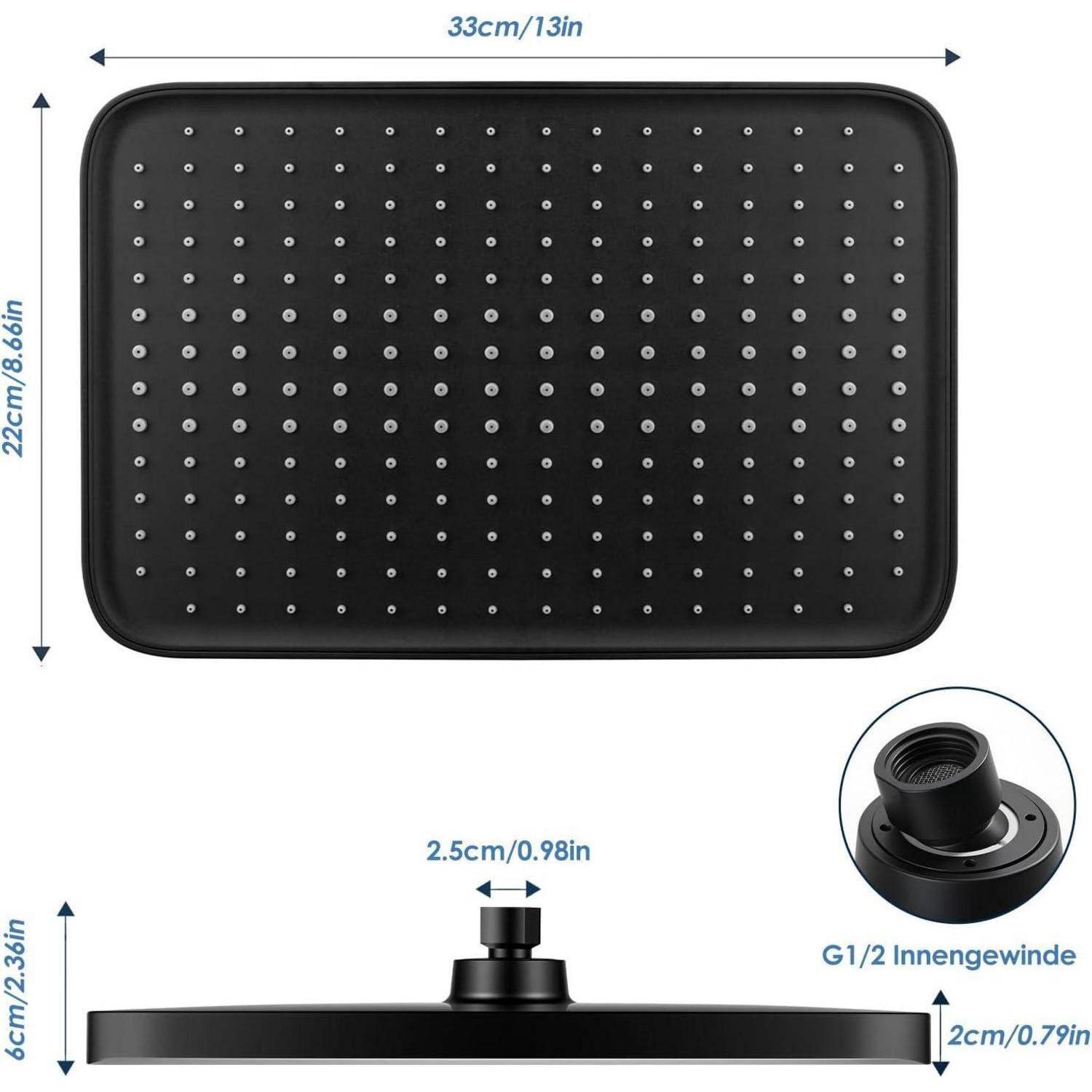 13 Zoll Duschkopf Regendusche, Fester Regenduschkopf Duschbrause mit Anti-Kalk-Düsen, Wasserfall Wassersparend Kopfbrause für Badezimmer(Matt Black)